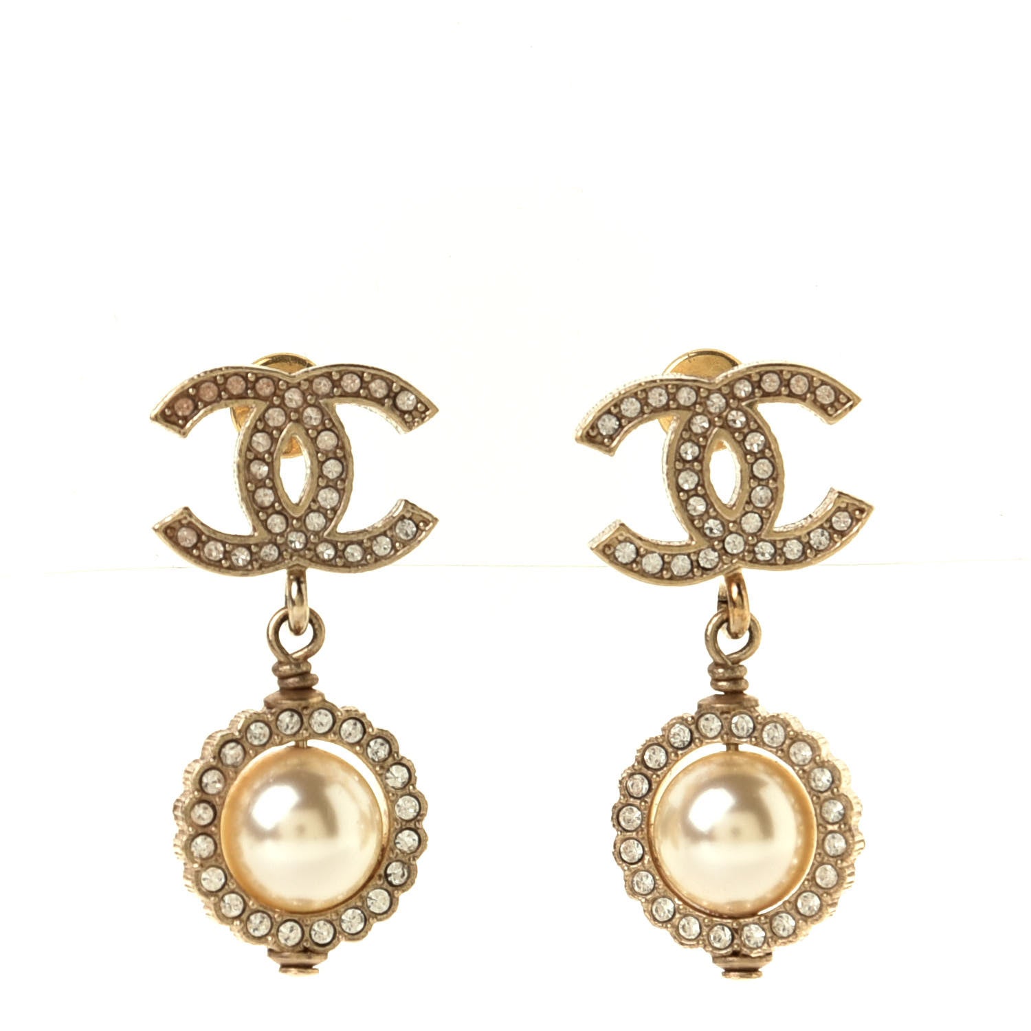 Chanel Crystal Pearl CC Lace Camellia Earrings Gold 1 of 3