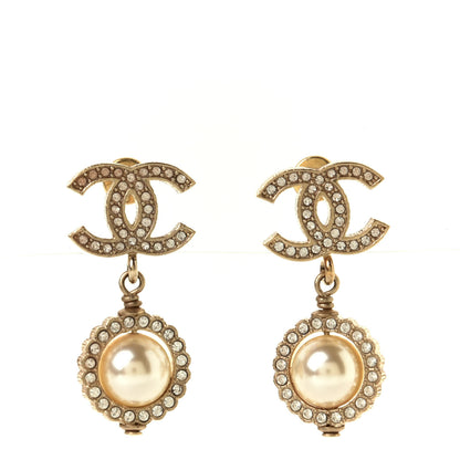 Chanel Crystal Pearl CC Lace Camellia Earrings Gold 1 of 3