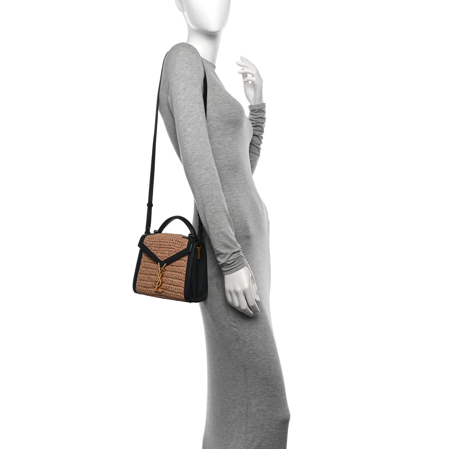 Saint Laurent Raffia Calfskin Mini Classic Monogram Cassandra Top Handle Black Natural 2 of 15
