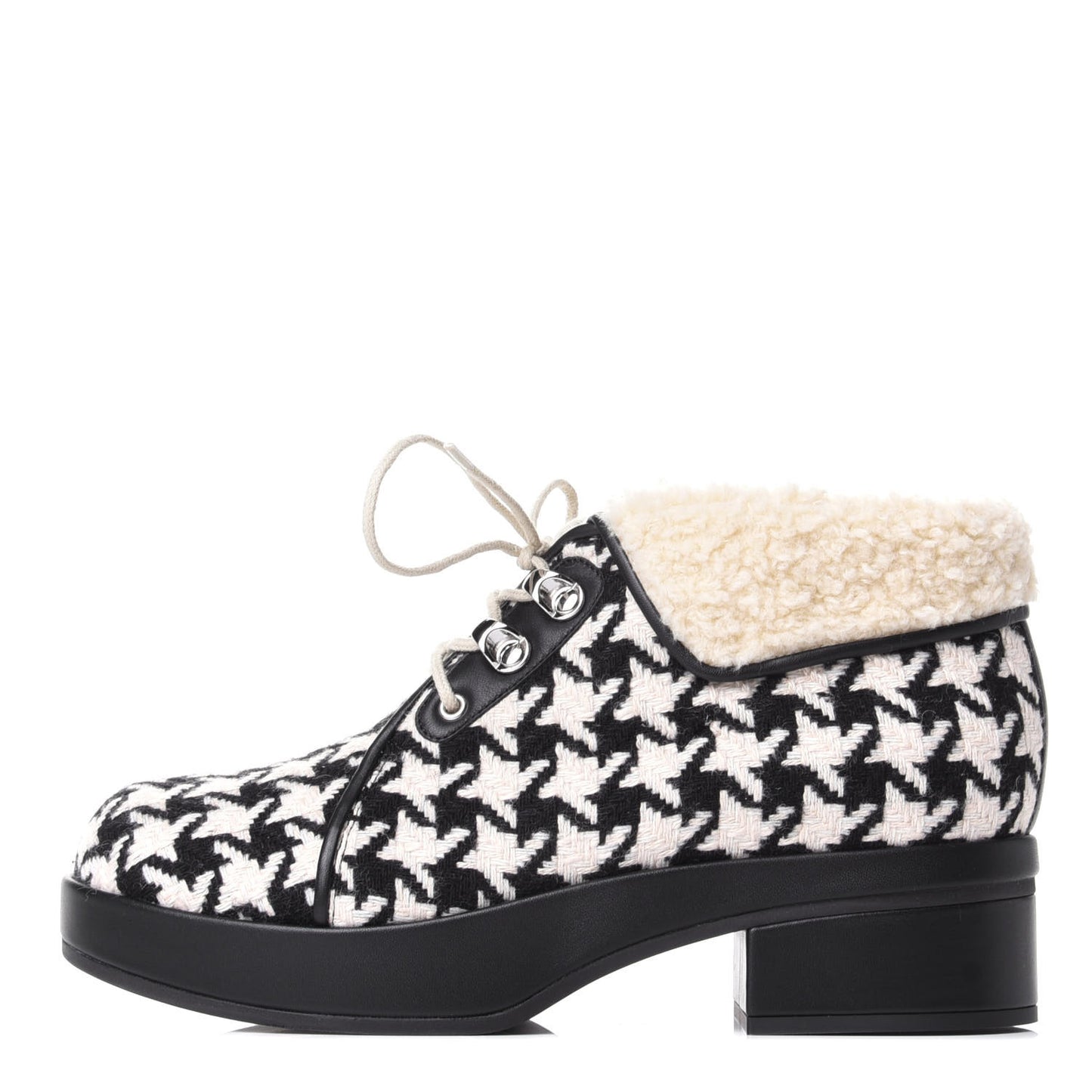 Optical Tweed Faux Shearling Houndstooth Victor Lace Up Ankle Boots 37.5 White Black