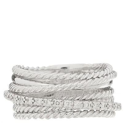 David Yurman Sterling Silver Diamond 12mm Wide Crossover Cable Ring 54 7 1 of 4