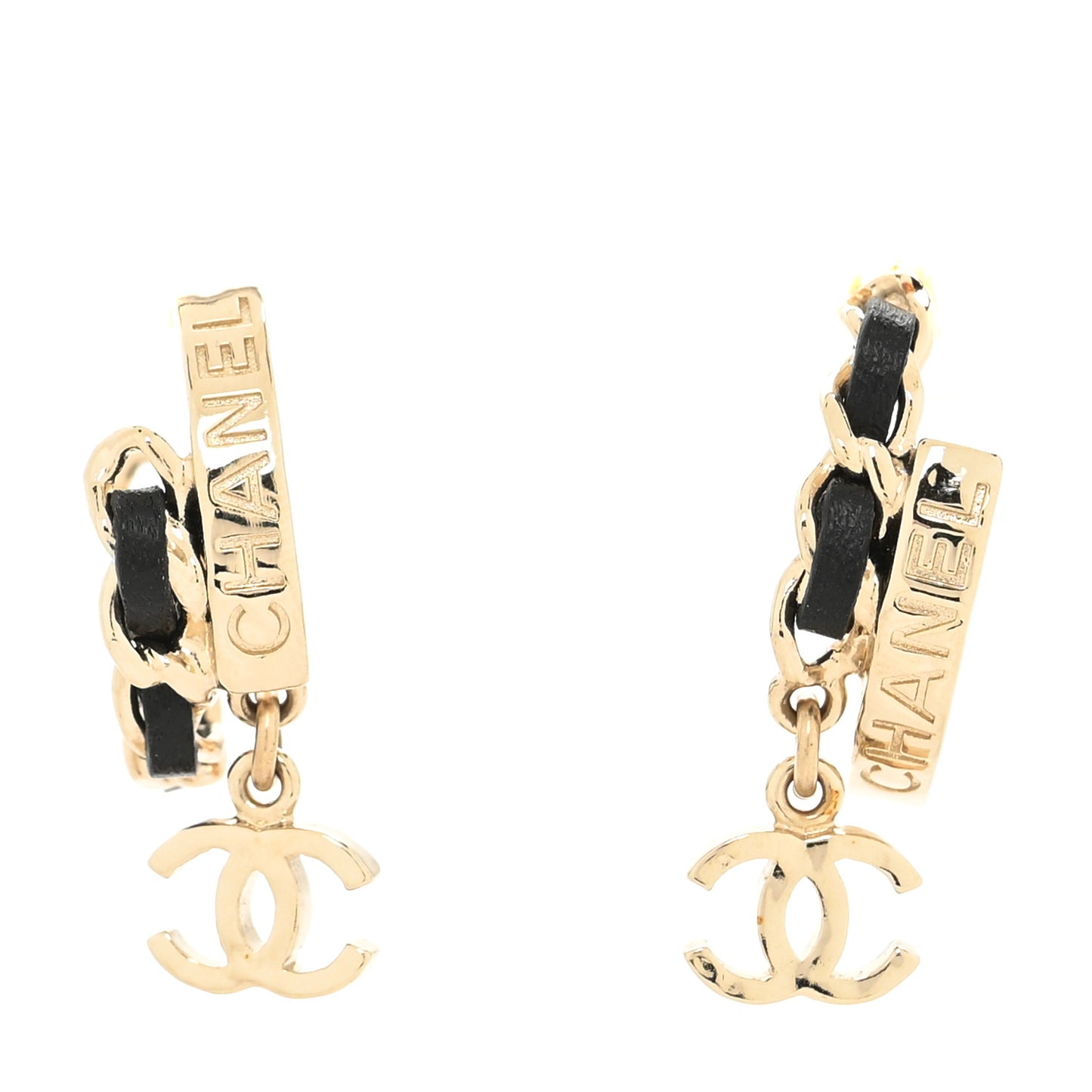 Metal Lambskin CC Chain Hoop Earrings Gold Black