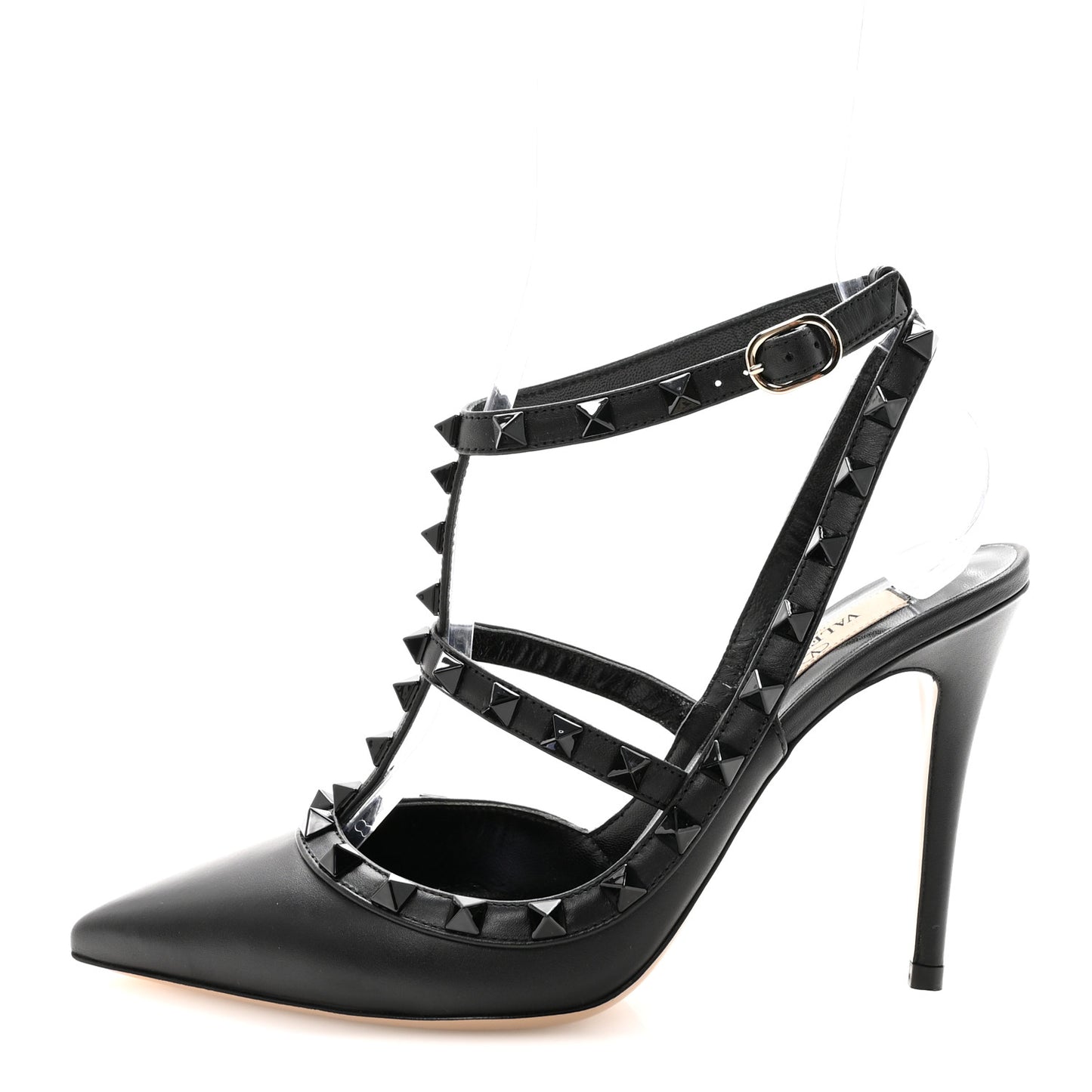 Calfskin Nappa Monochrome Rockstud Ankle Strap 100mm Pumps 36.5 Black