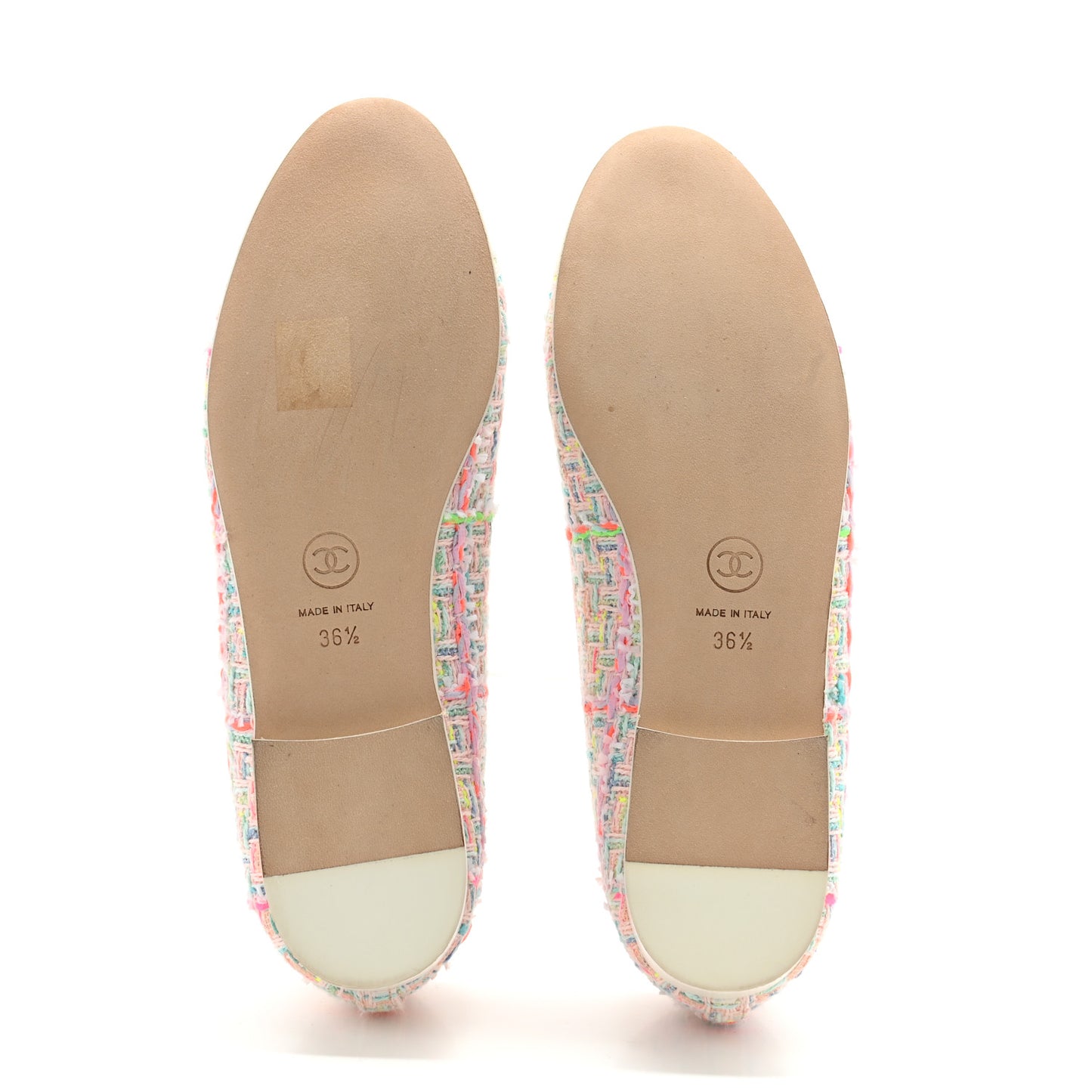 Cotton Tweed Patent Calfskin Cap Toe Ballerina Flats 36.5 Light Pink Multicolor White