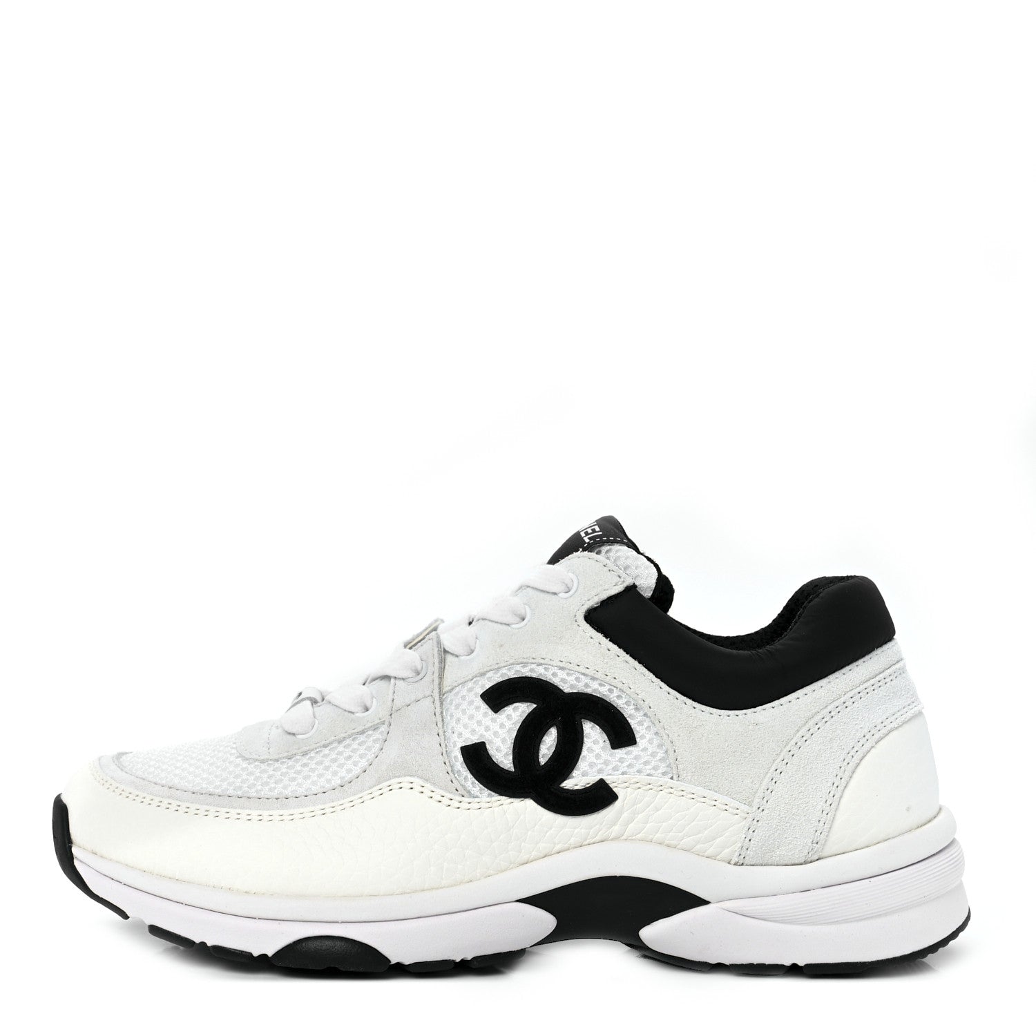 Chanel Mesh Suede Calfskin Grained Calfskin Womens CC Sneakers 37 White Black 1 of 9