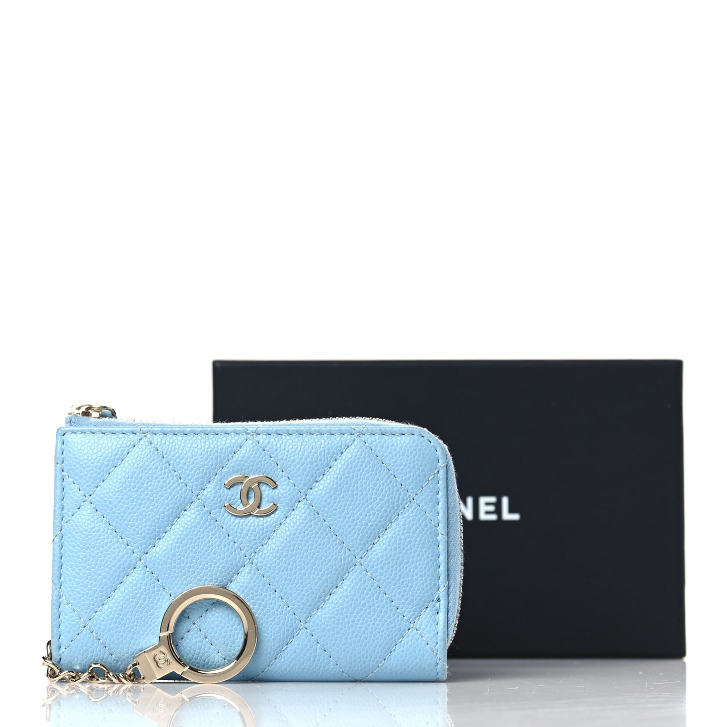 Caviar Quilted Zipped Key Holder Case Light Blue