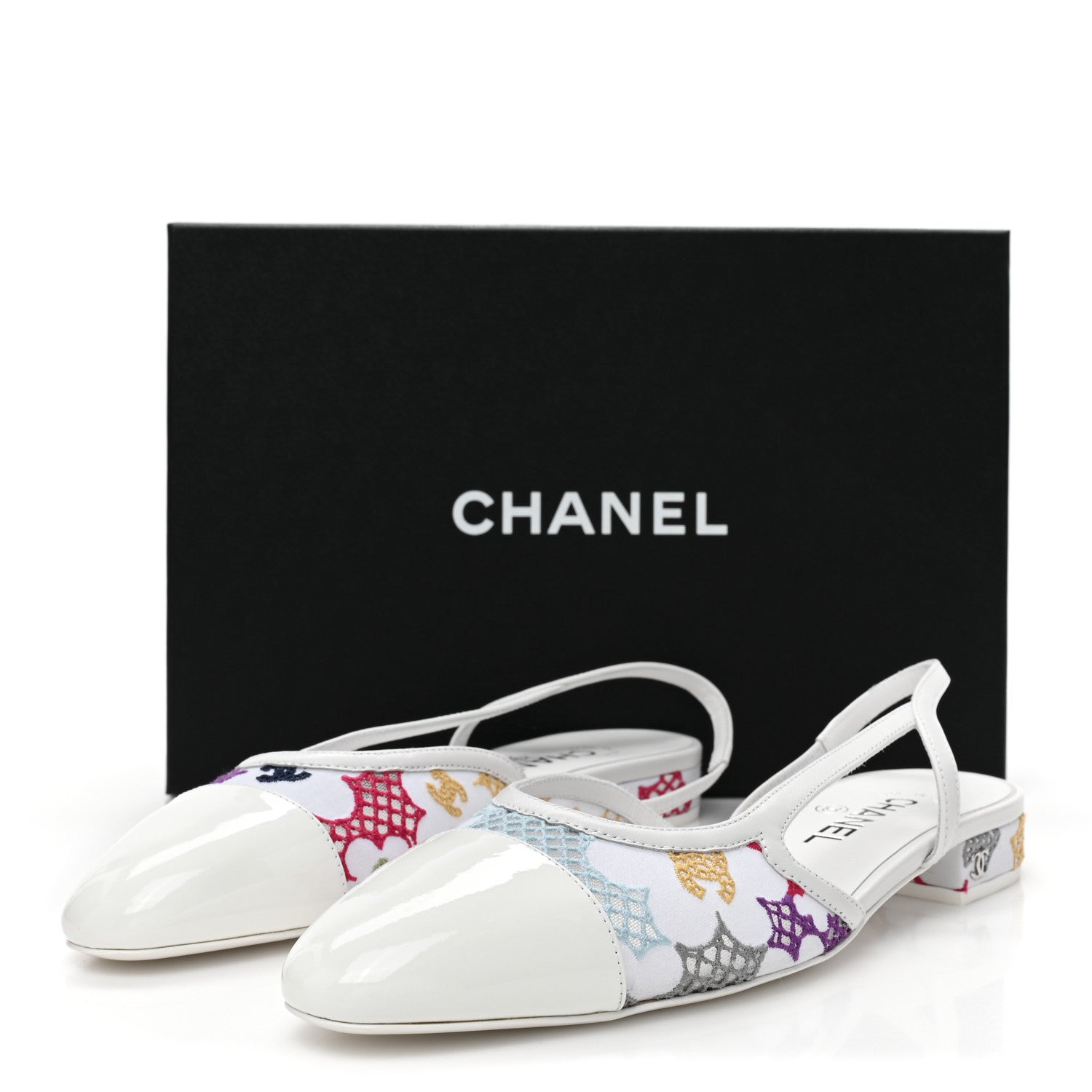 Chanel Cotton Guipure Patent Embroidered Floral Cap Toe CC Slingback Flats 39 White Multicolor 9 of 9