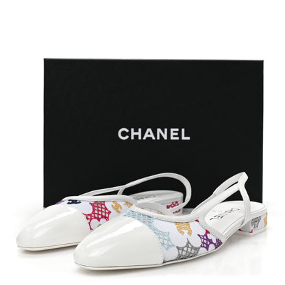 Chanel Cotton Guipure Patent Embroidered Floral Cap Toe CC Slingback Flats 39 White Multicolor 9 of 9