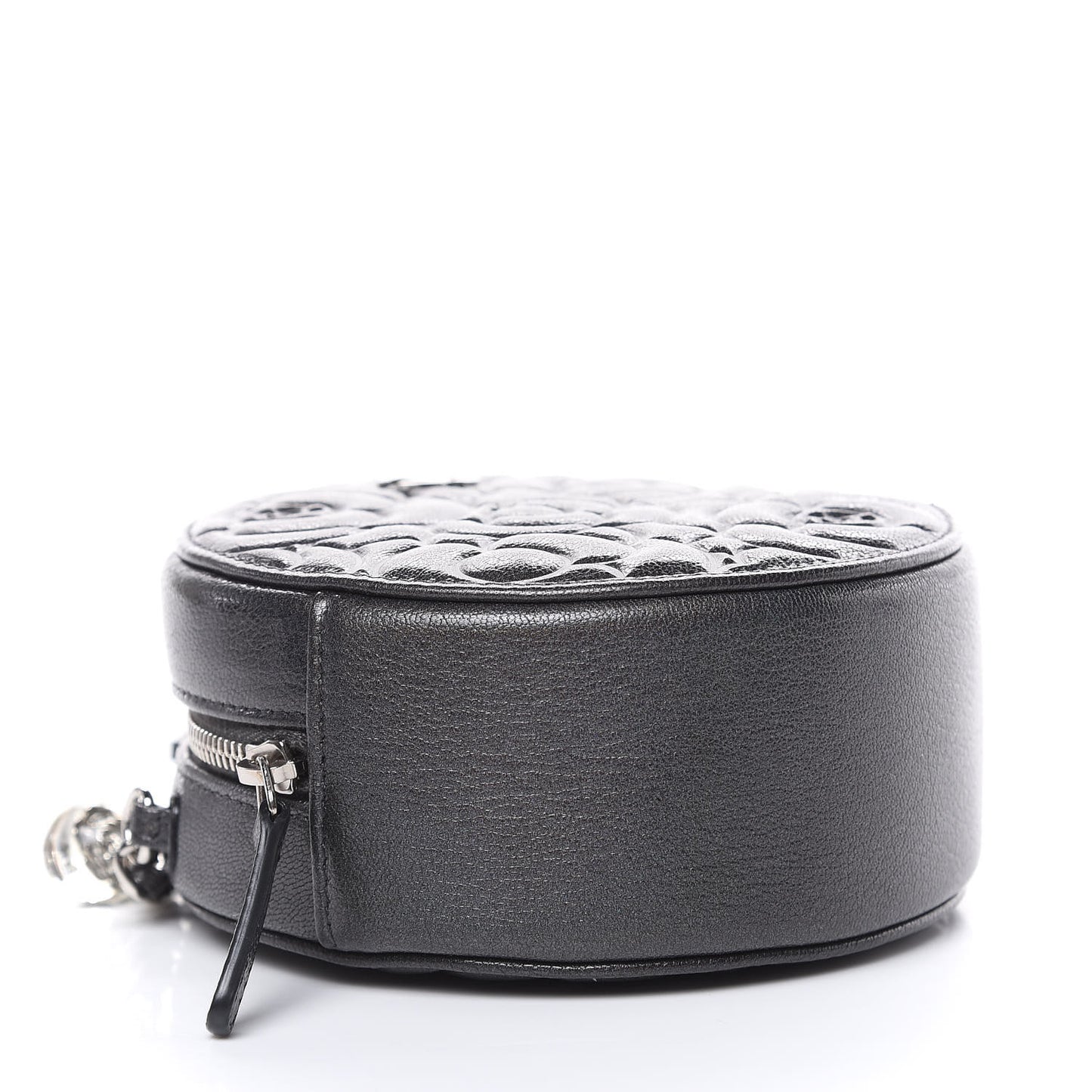 Goatskin Camellia Quilted Round Clutch With Chain Grey