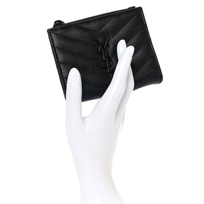 Saint Laurent Grain De Poudre Matelasse Chevron Monogram Zipped Card Case Black Black 2 of 9