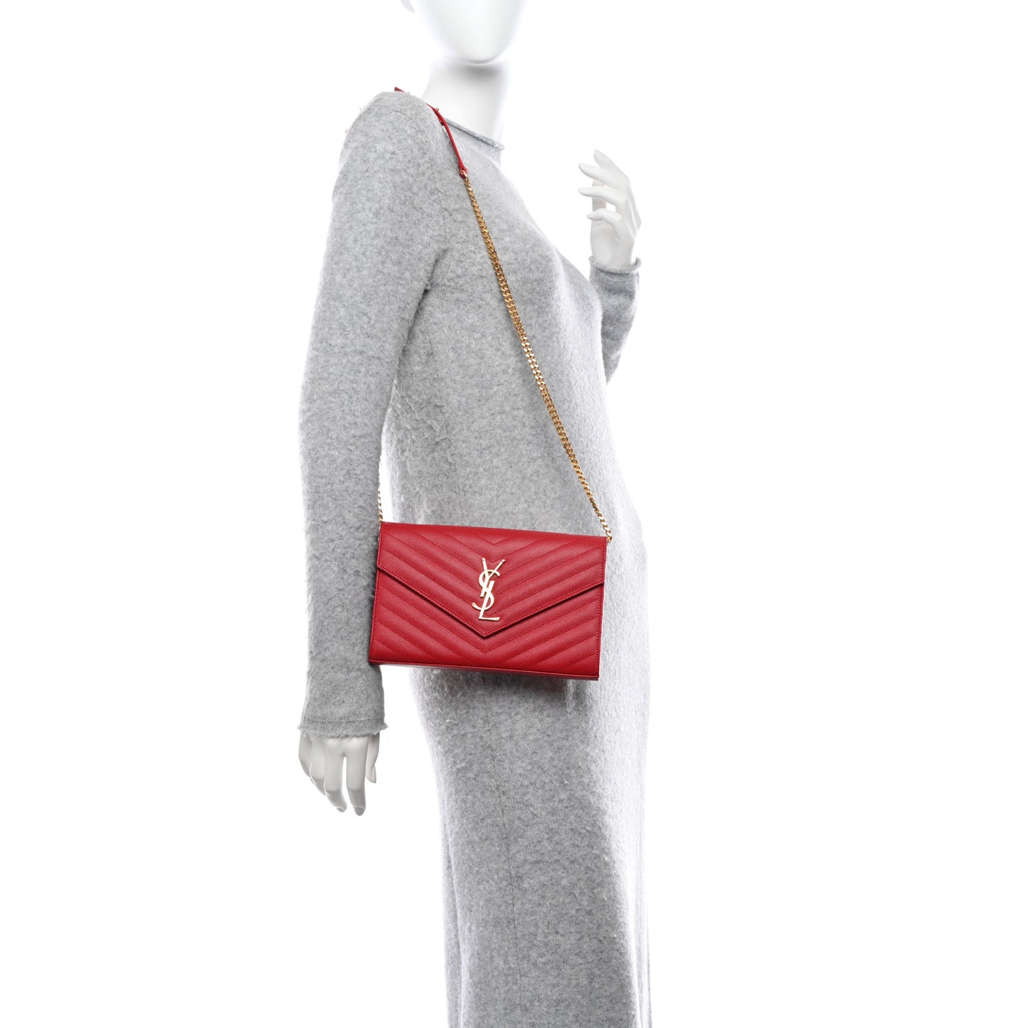 Grain De Poudre Matelasse Chevron Monogram Chain Wallet Red