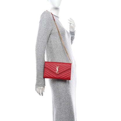 Saint Laurent Grain De Poudre Matelasse Chevron Monogram Chain Wallet Red 2 of 11