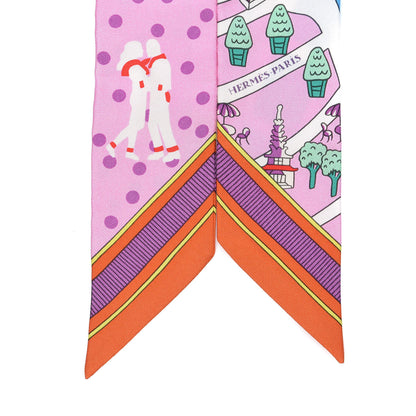 Hermes Silk Les Nouveaux Amoureux de Paris Twilly Rose Buvard White Vert 2 of 4