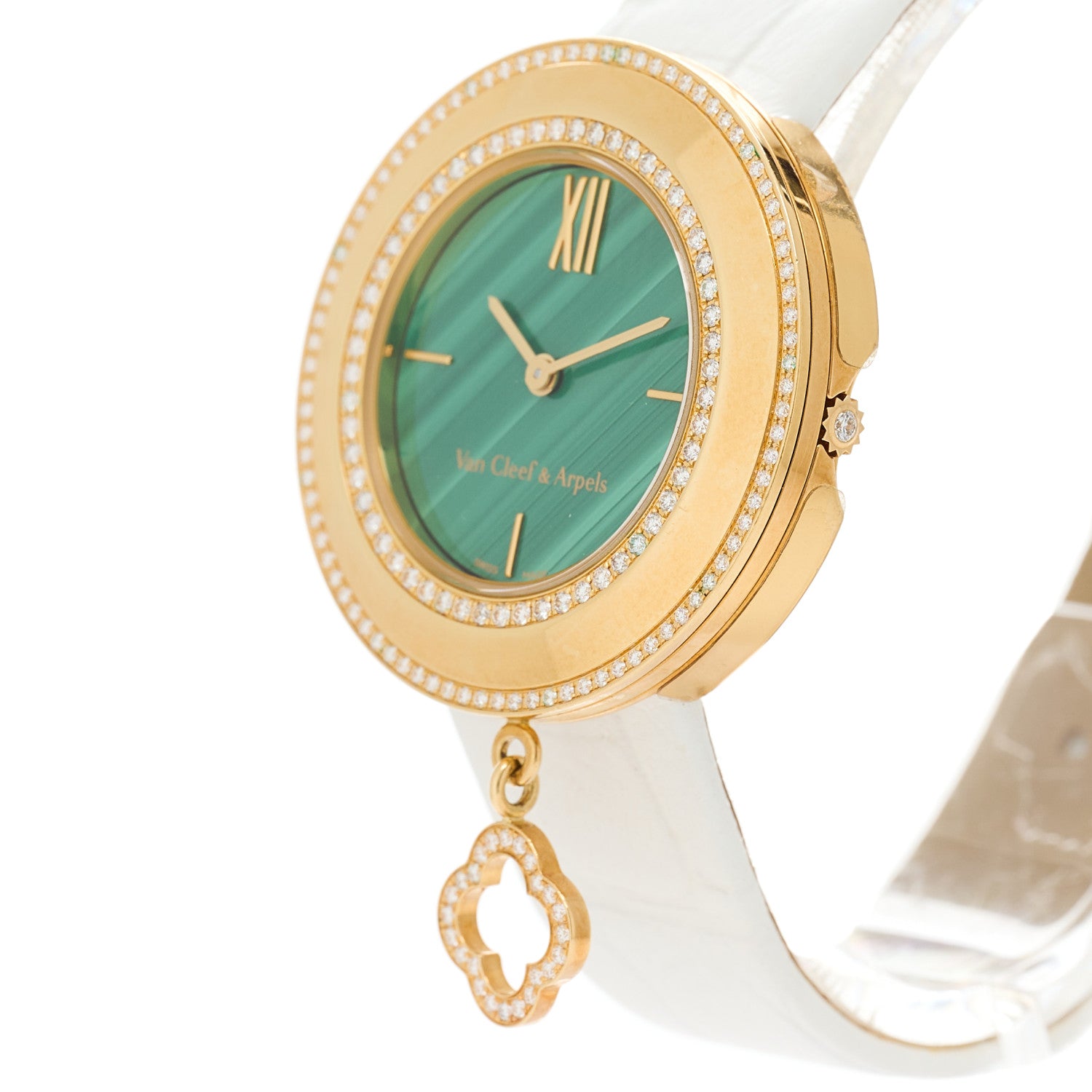 Van Cleef & Arpels 18K Yellow Gold Alligator Diamond Bezel Malachite 32mm Charms Quartz Watch 2 of 7