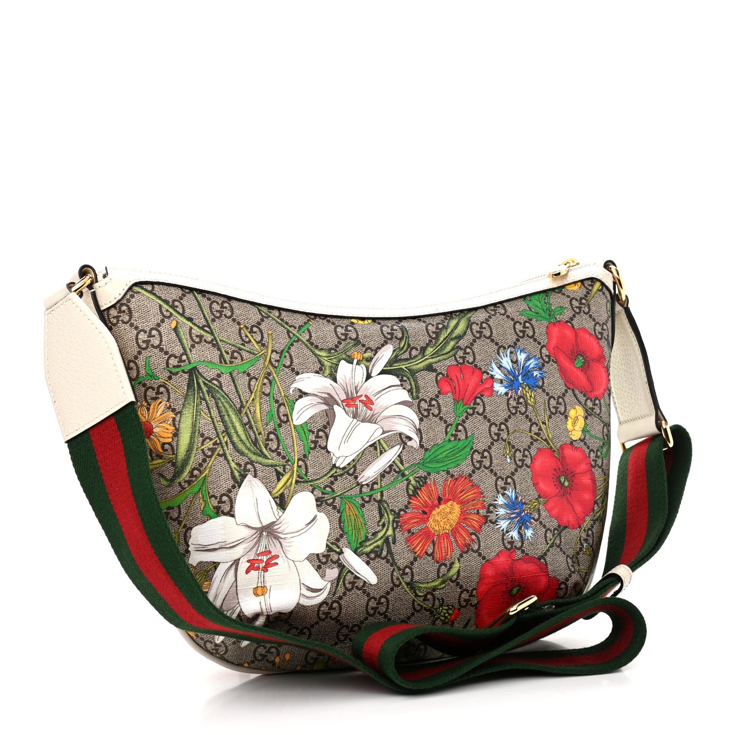 GG Supreme Monogram Flora Web Small Ophidia Half Moon Hobo White