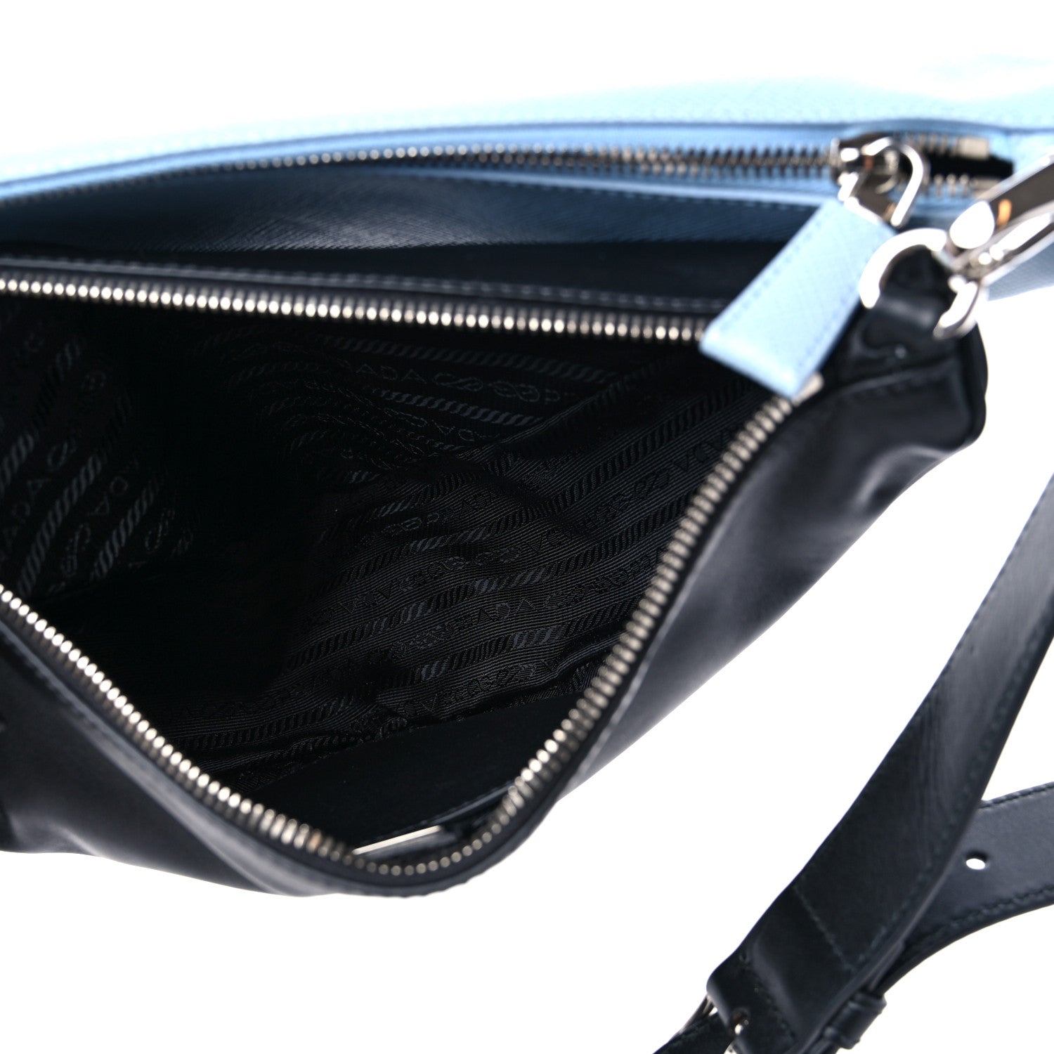 Prada Vitello Saffiano Cuir Double Triangle Shoulder Bag Black Celeste 6 of 11
