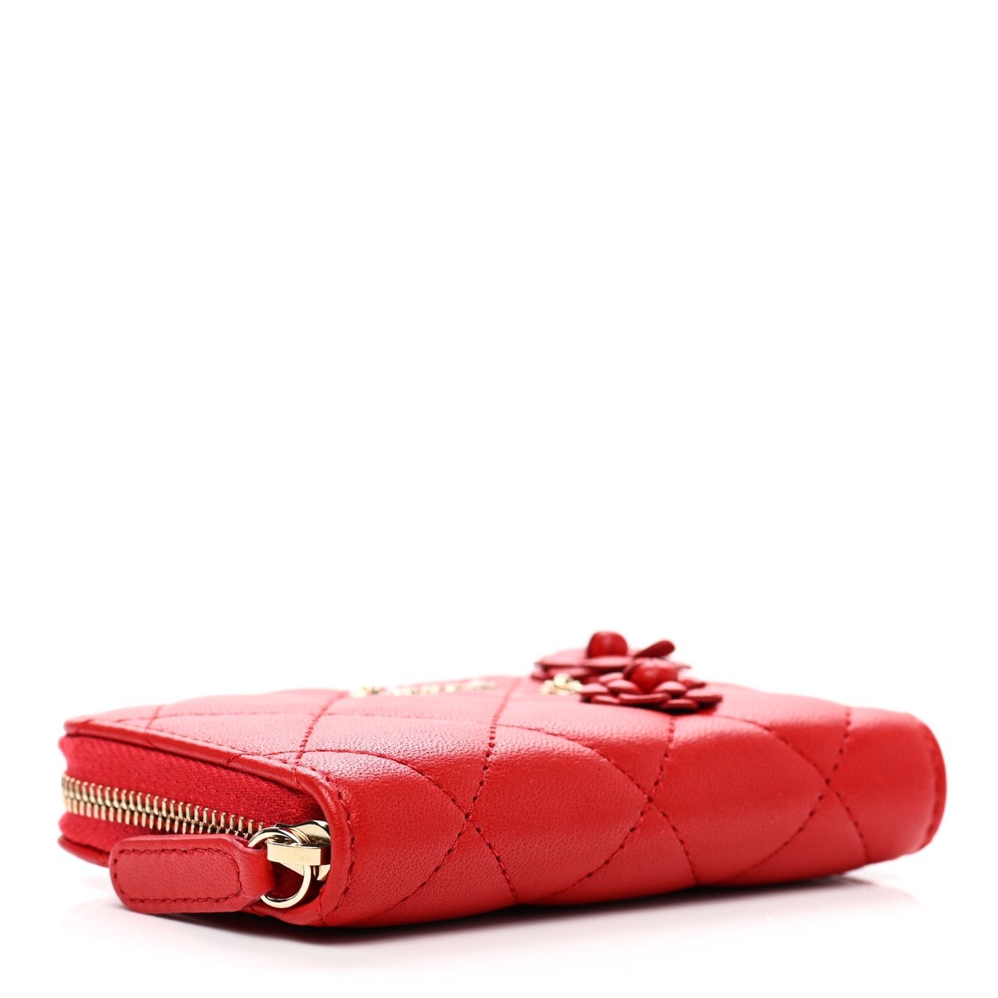 Lambskin Quilted Camellia Zip Coin Purse Red