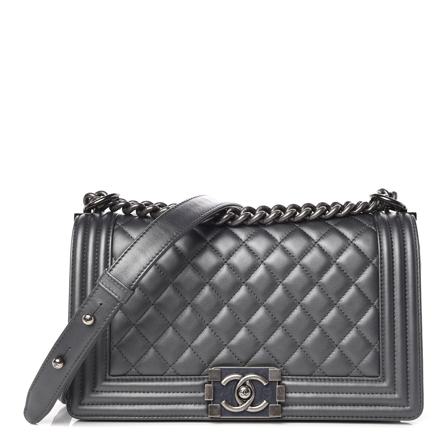 Metallic Calfskin Quilted Medium Boy Flap Dark Silver