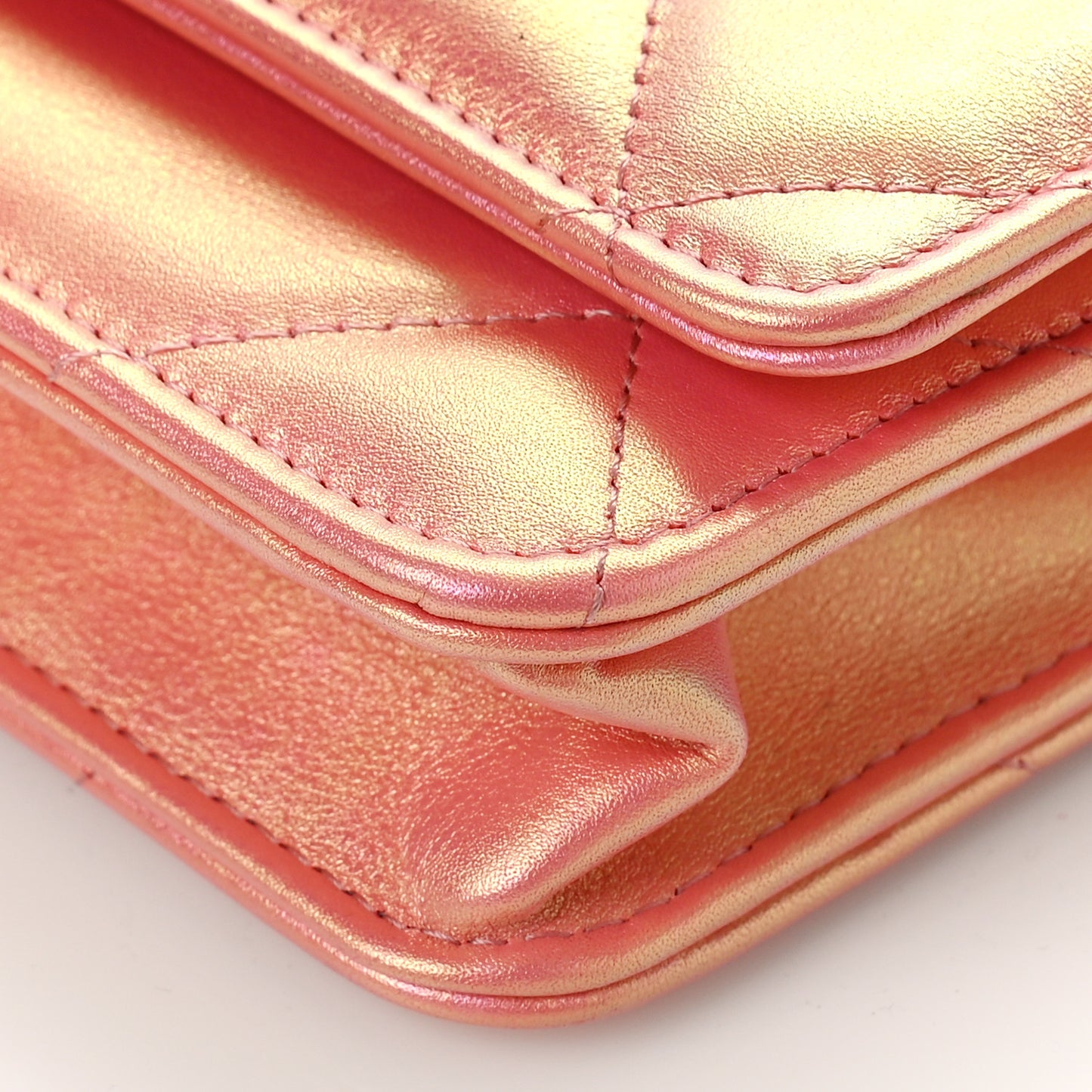 Iridescent Calfskin Quilted Chanel 19 Wallet On Chain WOC Pink