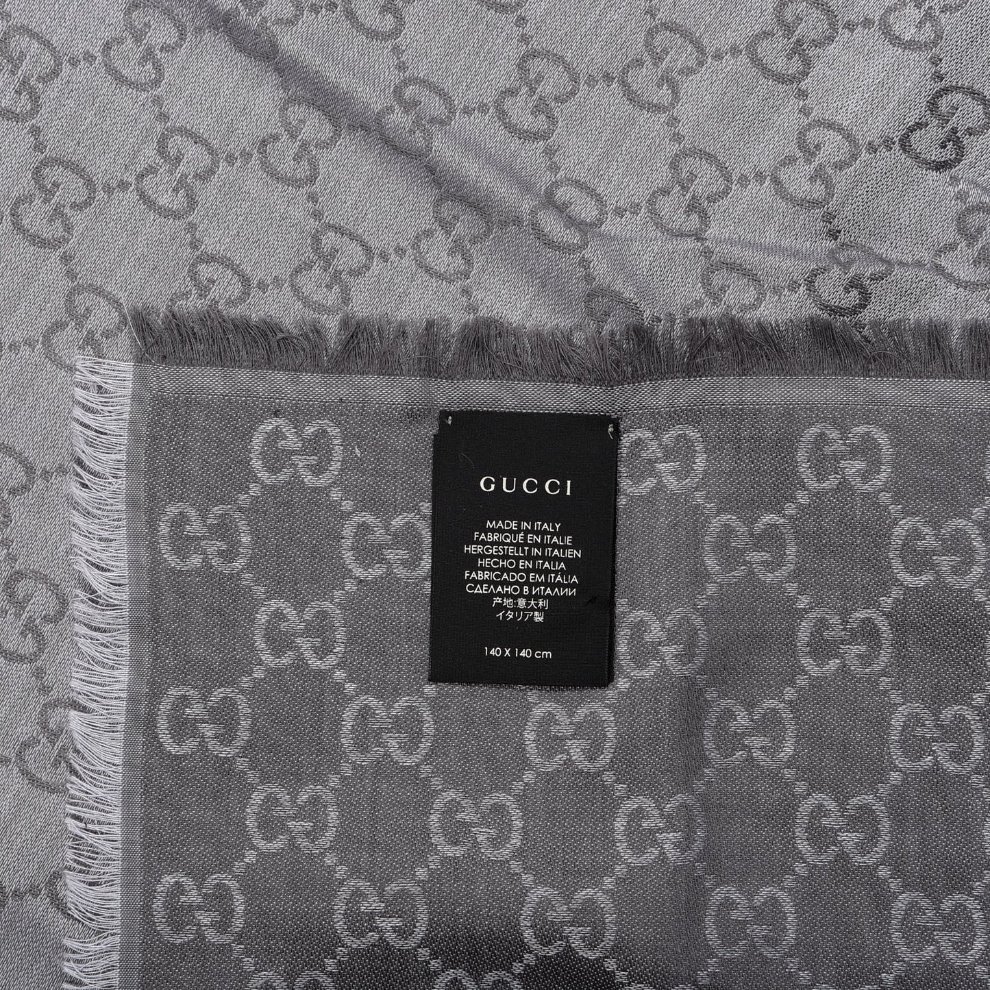 Wool Silk Monogram GGWeb Fringe Shawl Pearl Medium Grey