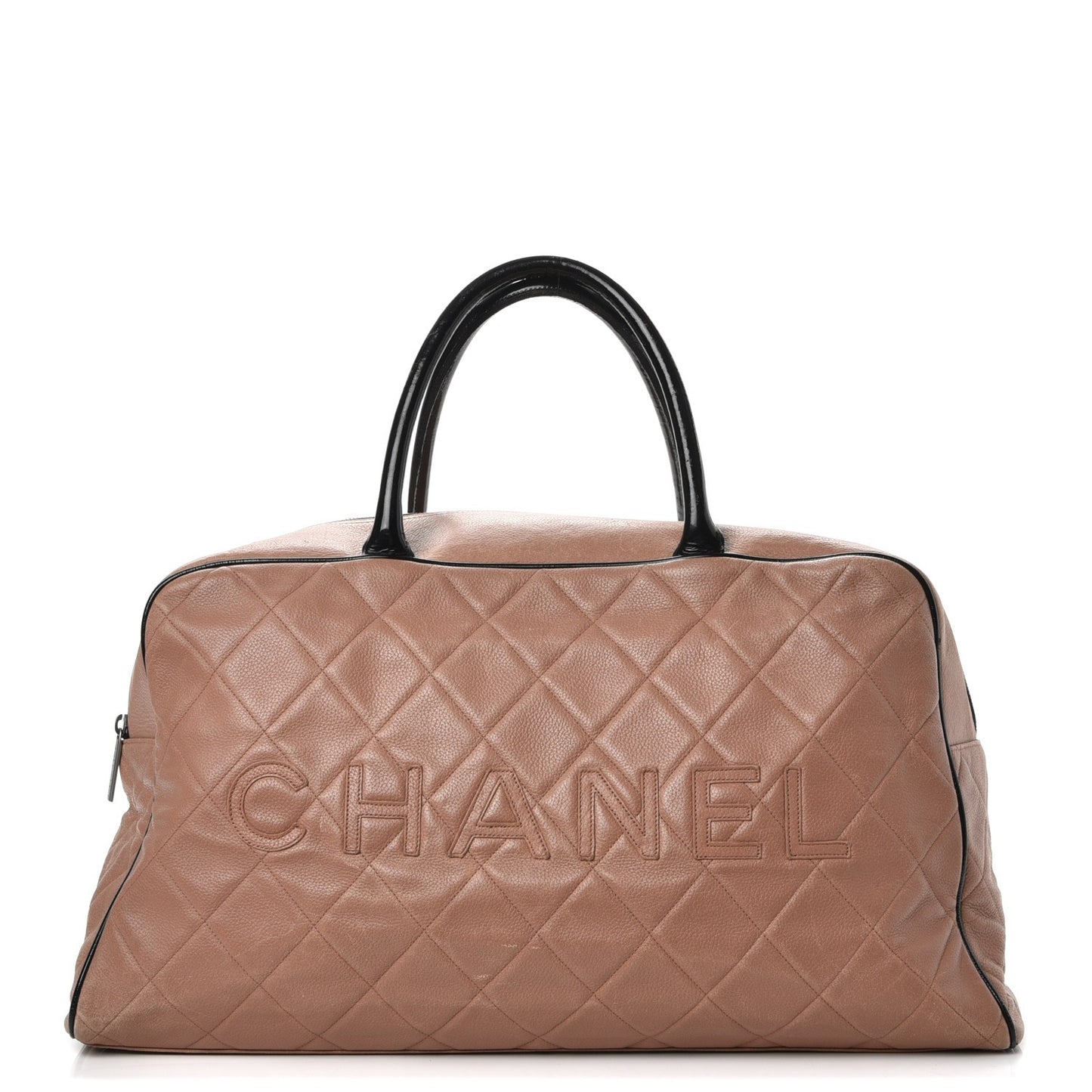 Caviar Patent Quilted Large Bowler Bag Beige Black