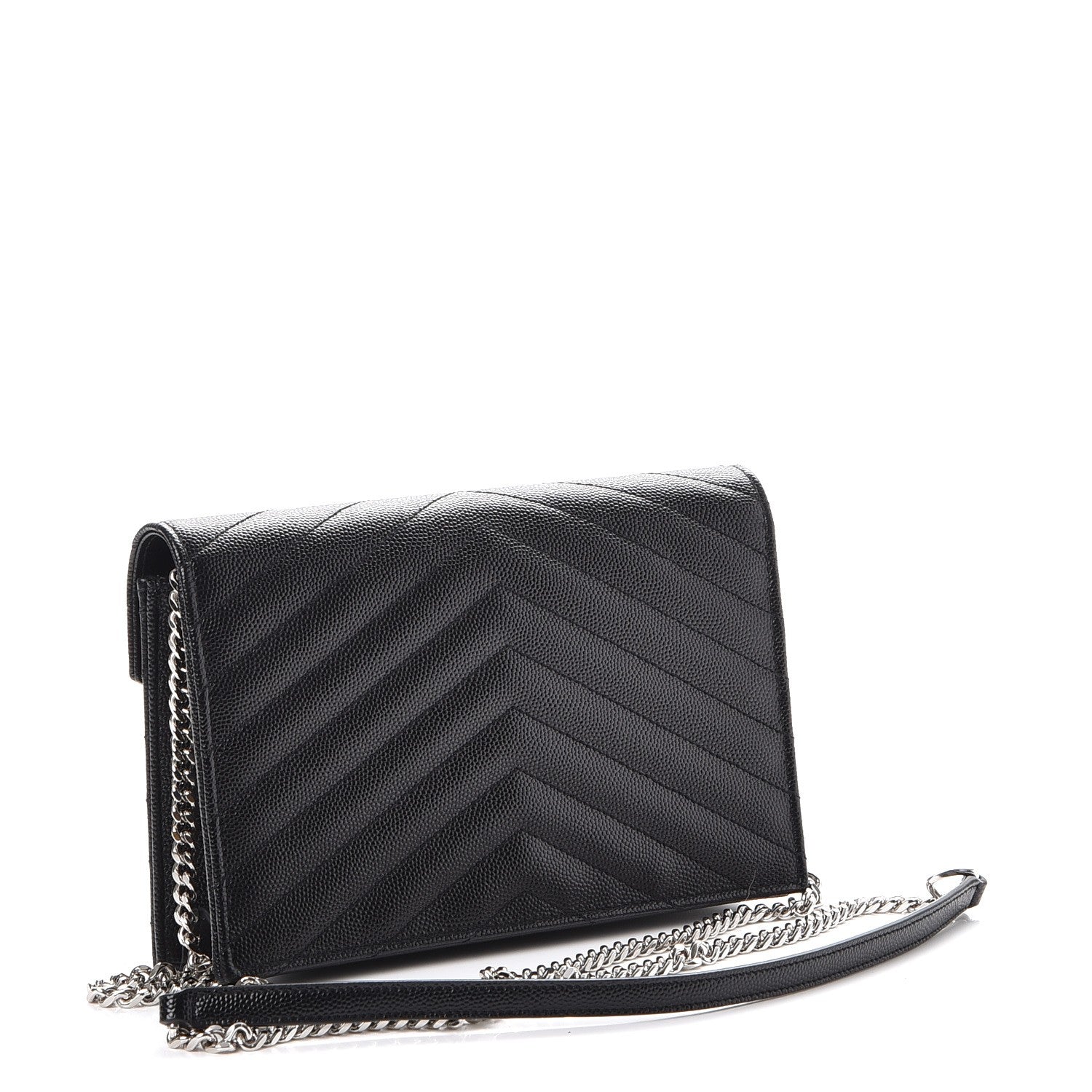 Saint Laurent Grain De Poudre Matelasse Chevron Monogram Envelope Chain Wallet Black 3 of 10