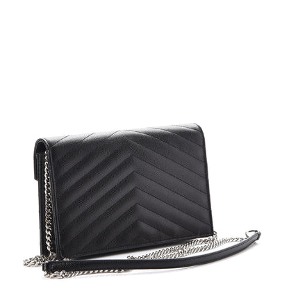 Saint Laurent Grain De Poudre Matelasse Chevron Monogram Envelope Chain Wallet Black 3 of 10