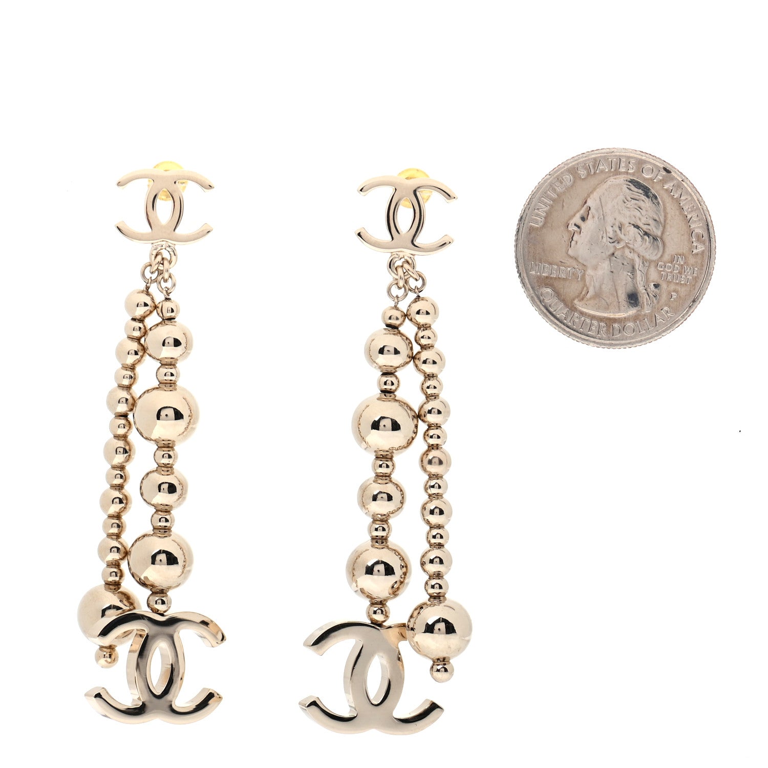 Chanel Metal CC Bead Drop Earrings Gold 2 of 5