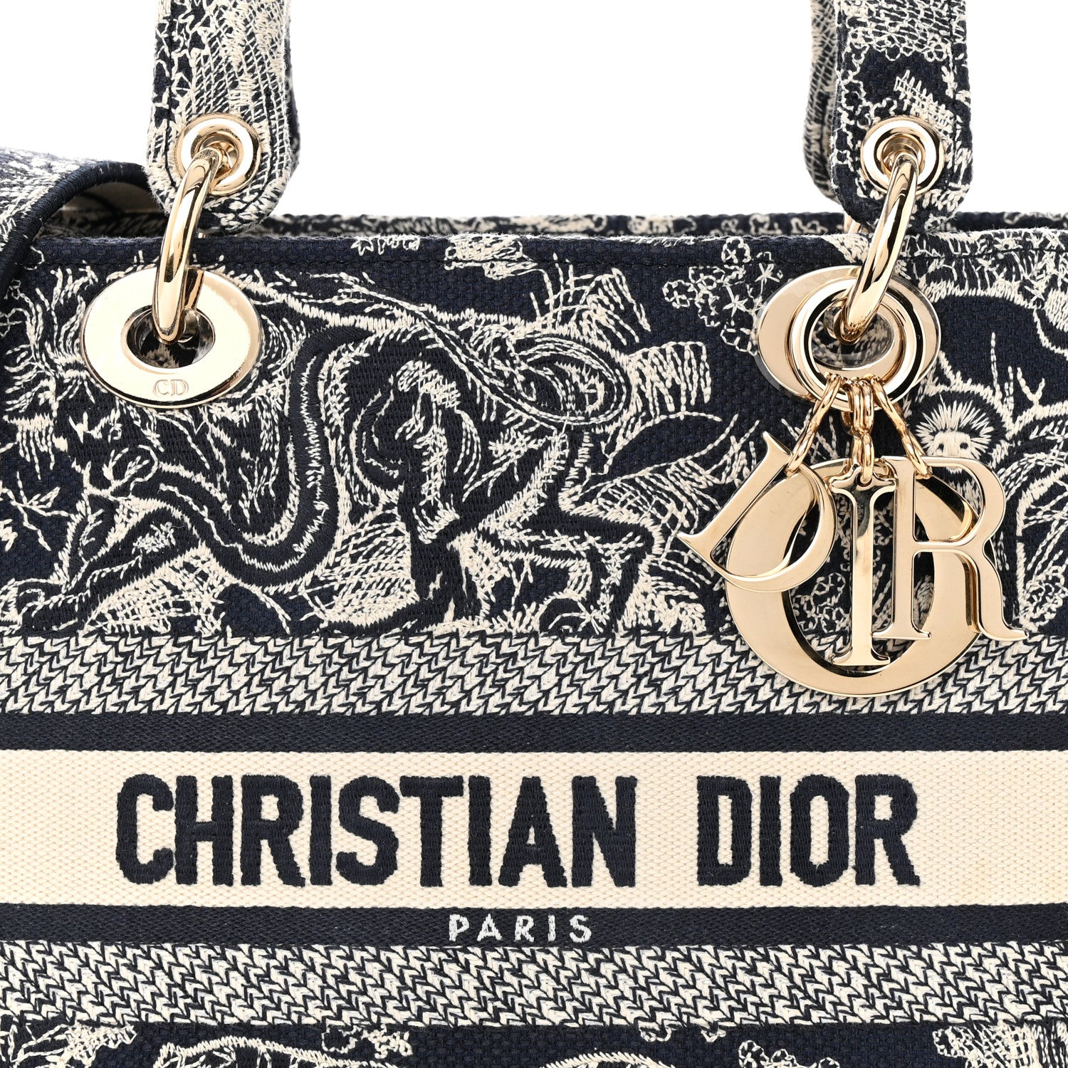 Christian Dior Canvas Toile De Jouy Reverse Embroidered Medium Lady D-Lite Navy 7 of 9