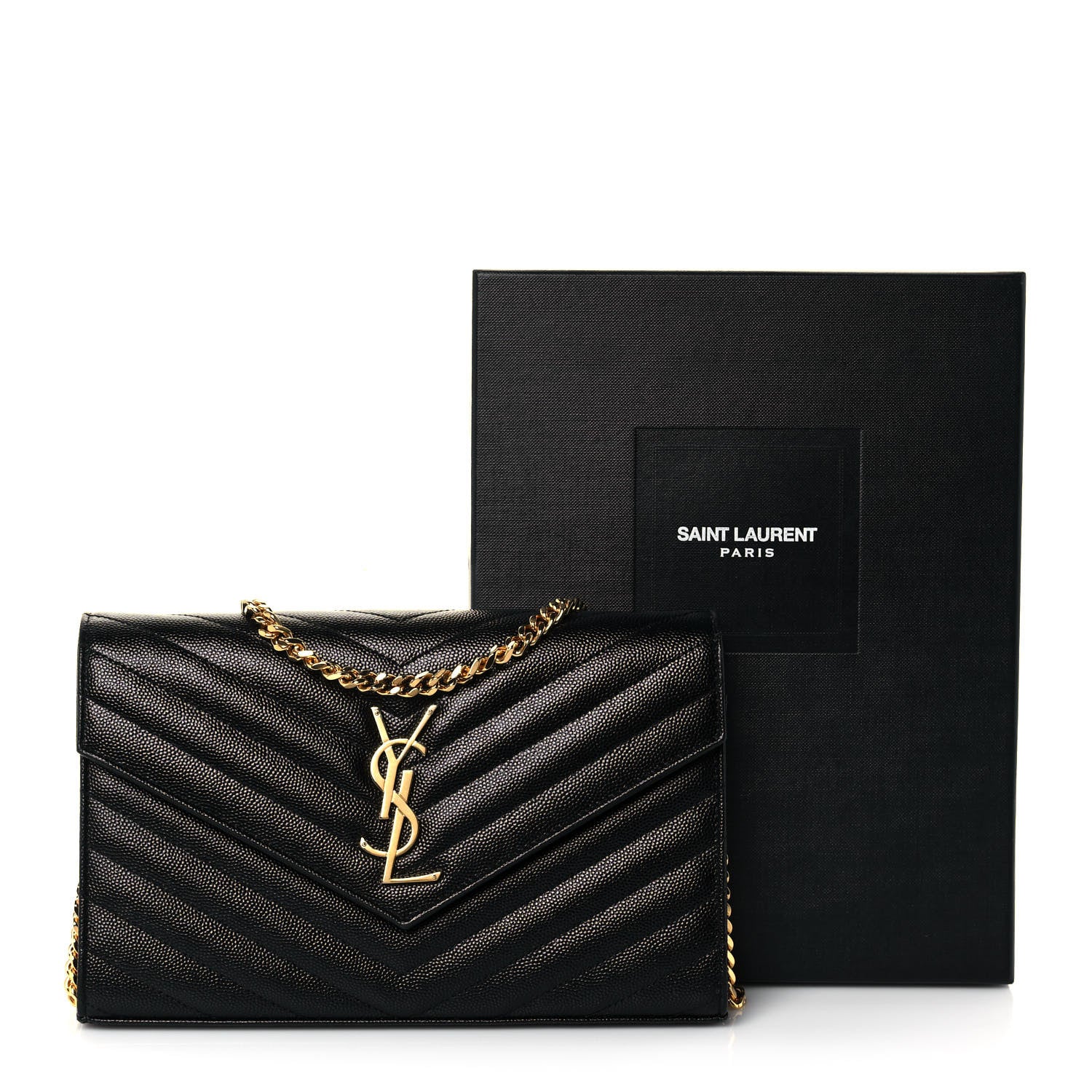 Saint Laurent Grain De Poudre Matelasse Chevron Monogram Chain Wallet Black 12 of 12