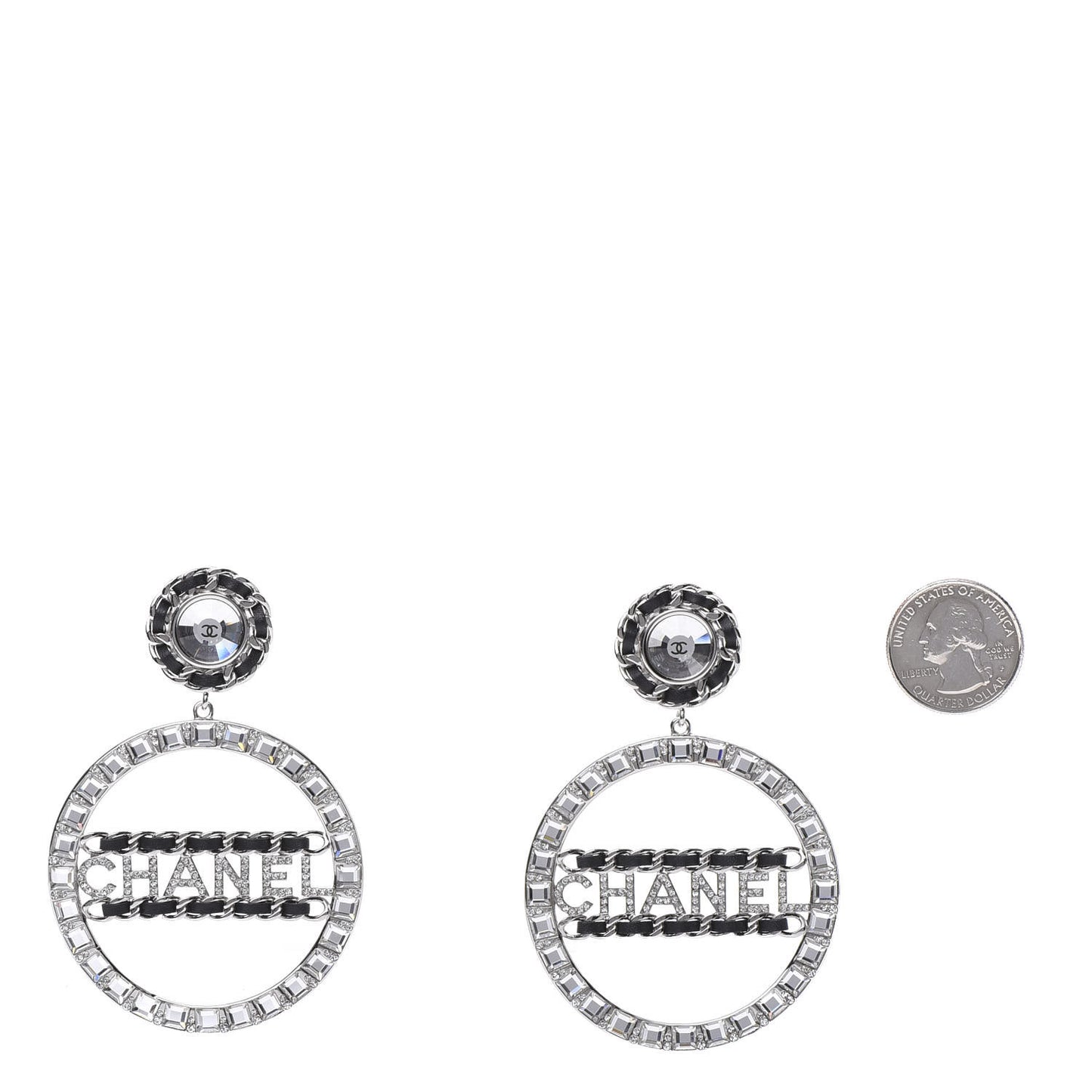 Crystal Lambskin Chain CC Hoop Clip On Earrings Black Silver