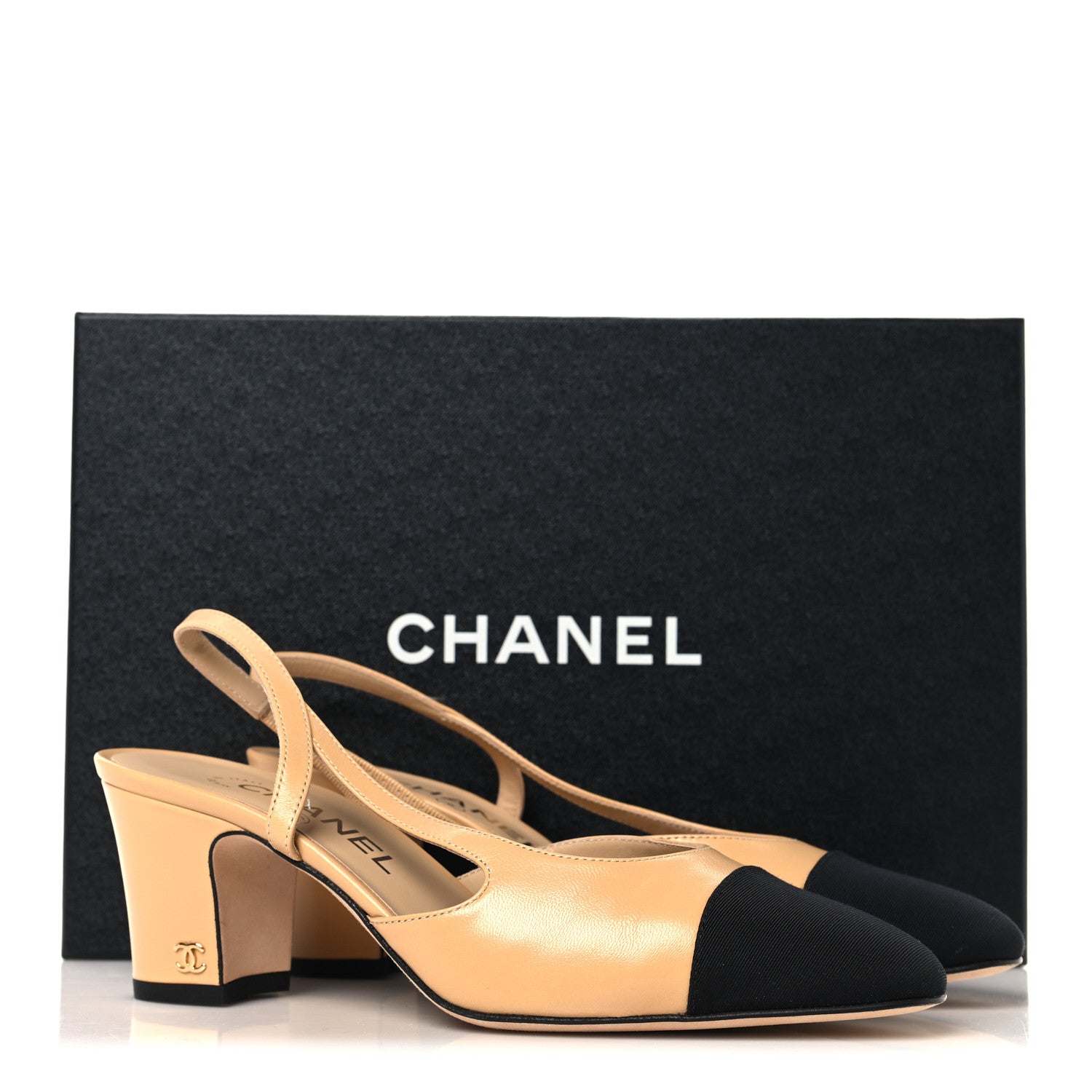 Chanel Goatskin Grosgrain Cap Toe CC Slingback Pumps 37 Beige Black 10 of 10