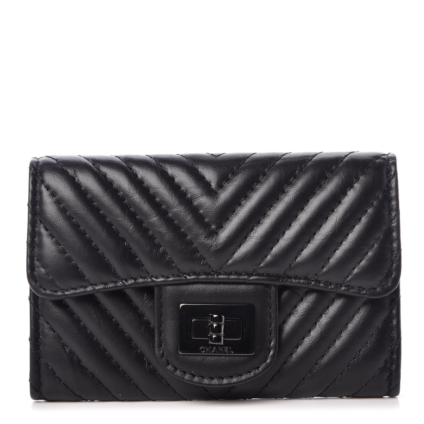 Aged Calfskin Chevron Quilted Card Holder Wallet So Black