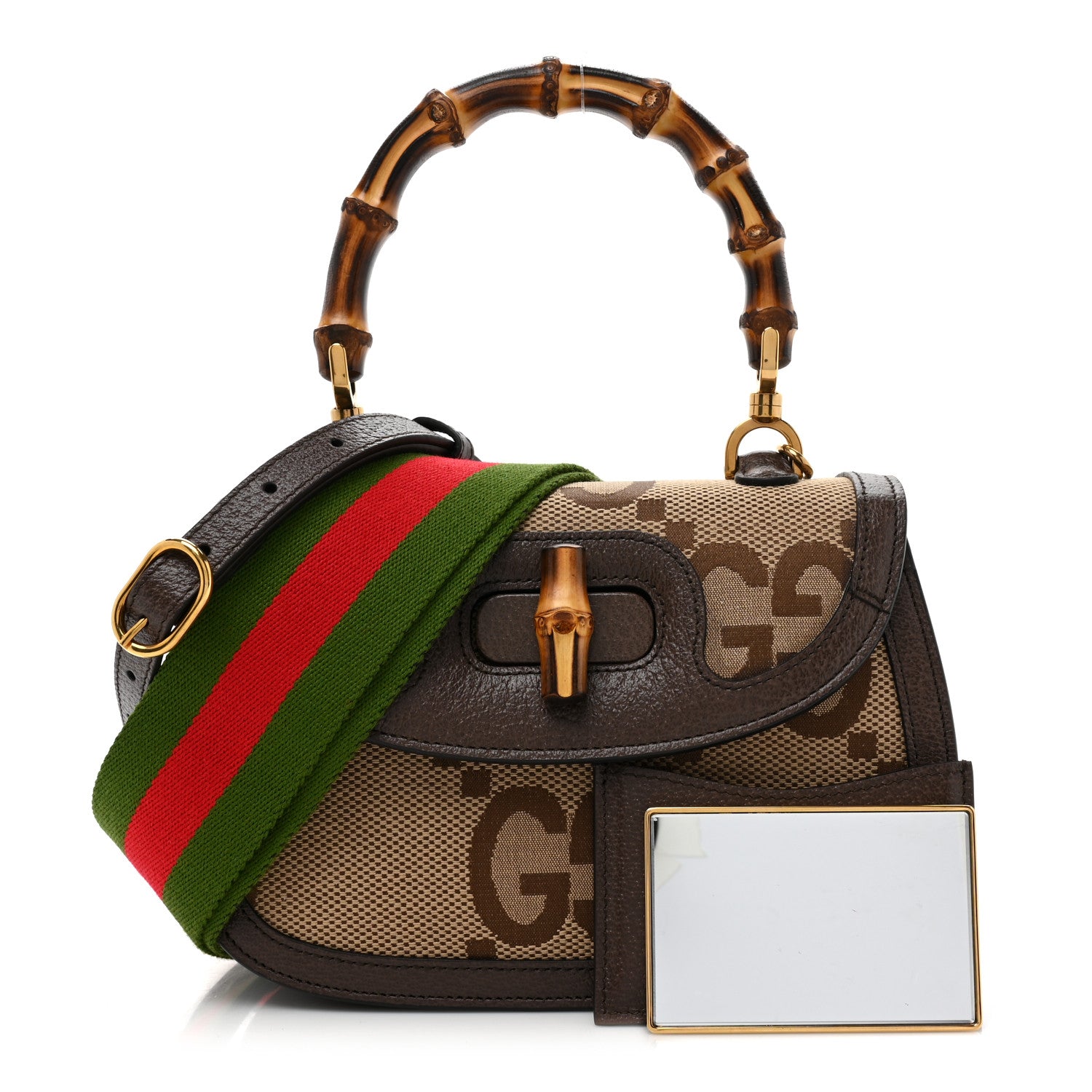 Gucci Monogram Jumbo GG Textured Dollar Calfskin Web Small Bamboo 1947 Top Handle Bag Camel Ebony New Acero 3 of 10