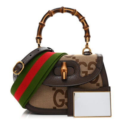 Gucci Monogram Jumbo GG Textured Dollar Calfskin Web Small Bamboo 1947 Top Handle Bag Camel Ebony New Acero 3 of 10