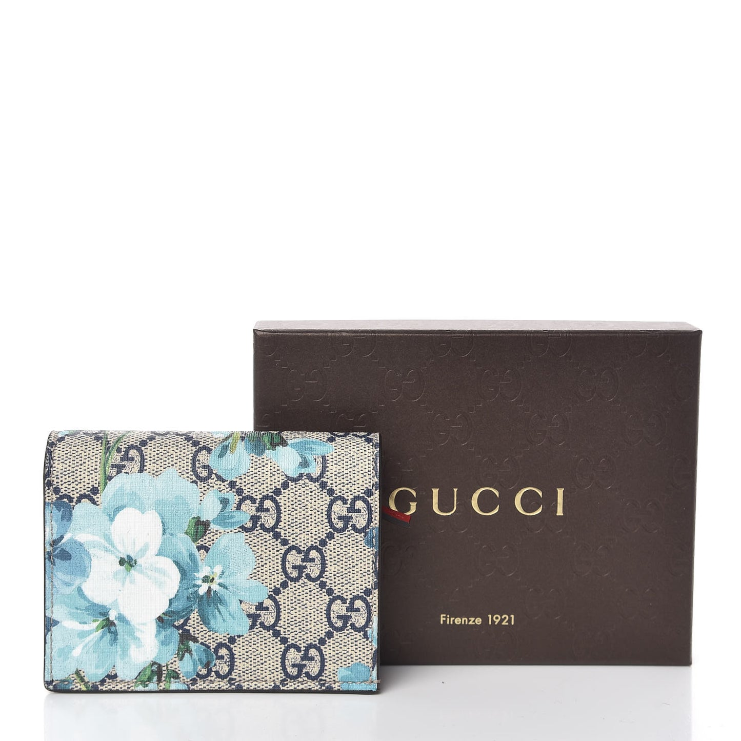 GG Supreme Monogram Blooms Card Case Wallet Beige Blue Navy Hibiscus Red