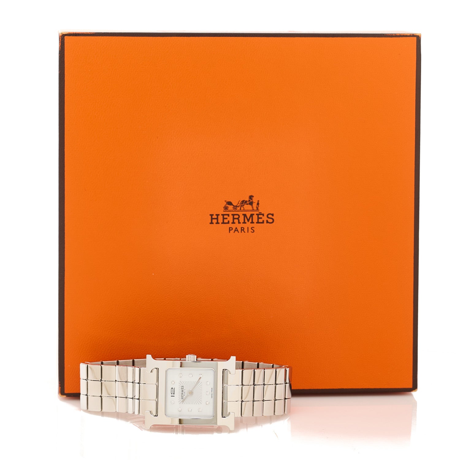 Hermes Stainless Steel Diamond Mother of Pearl 21mm Heure H Hour Quartz Watch 5 of 5