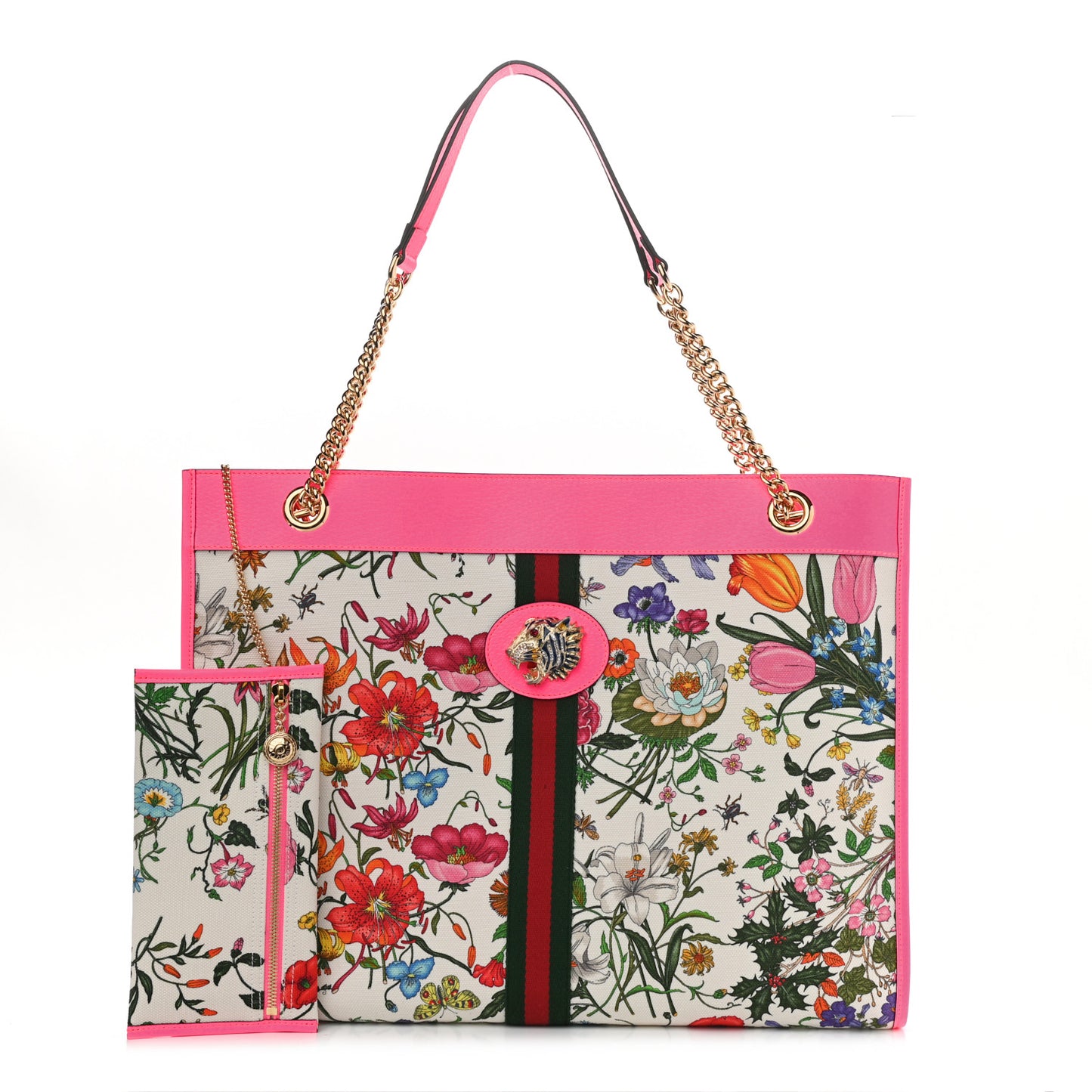 Canvas Flora Large Rajah Chain Tote White Multicolor Fuxia Fluo