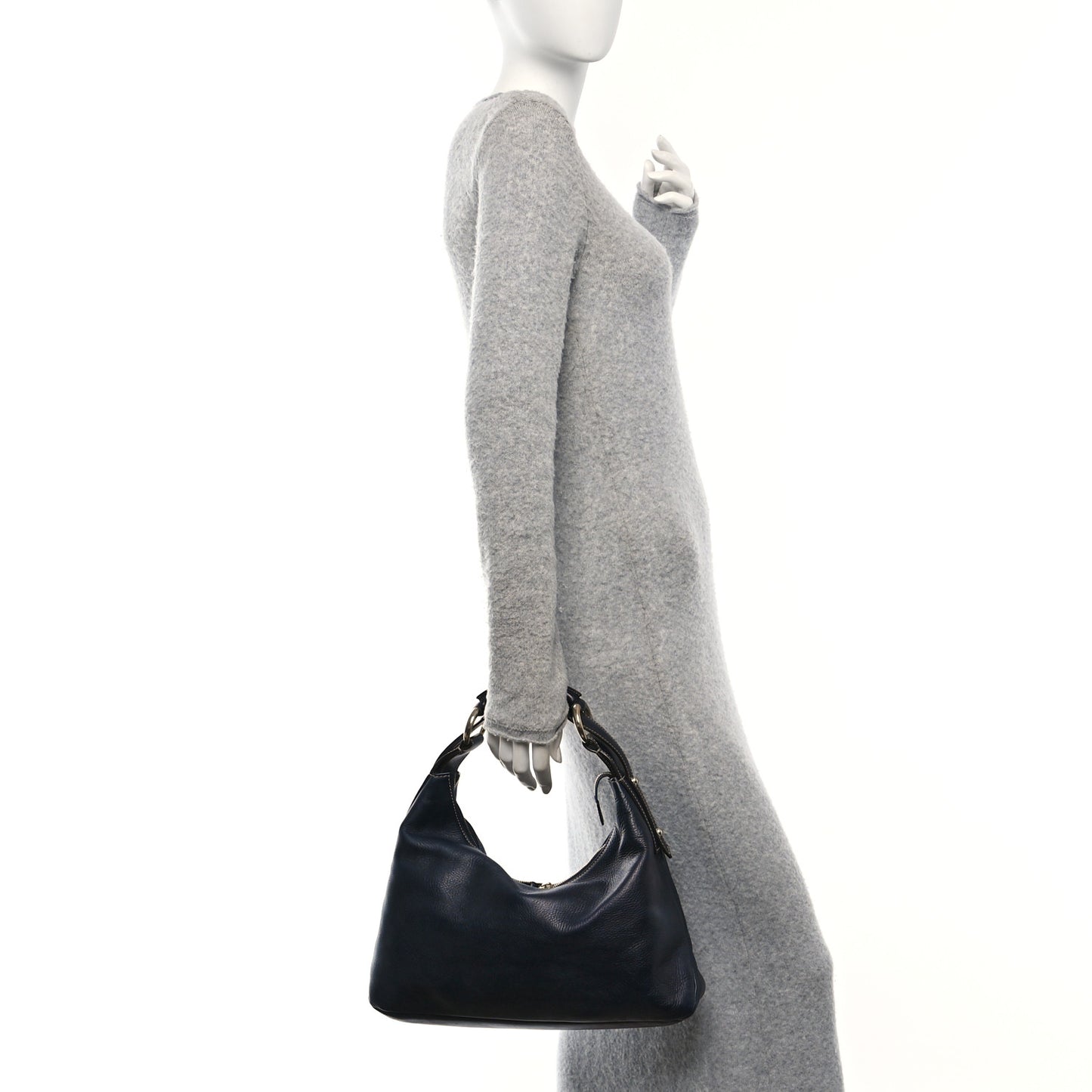 Calfskin Medium Horsebit Chain Hobo Navy