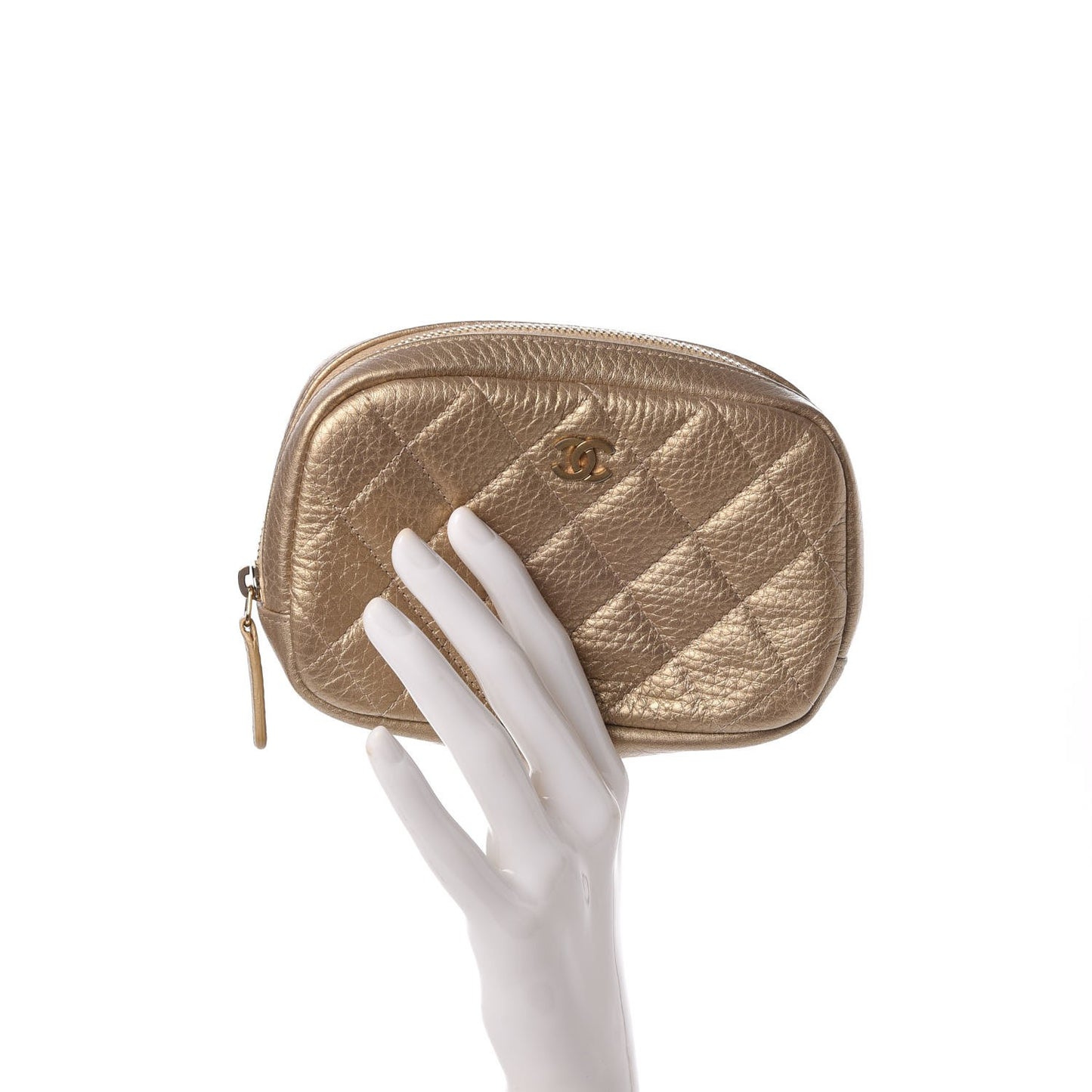 Metallic Calfskin Quilted Small Curvy Pouch Cosmetic Case Gold