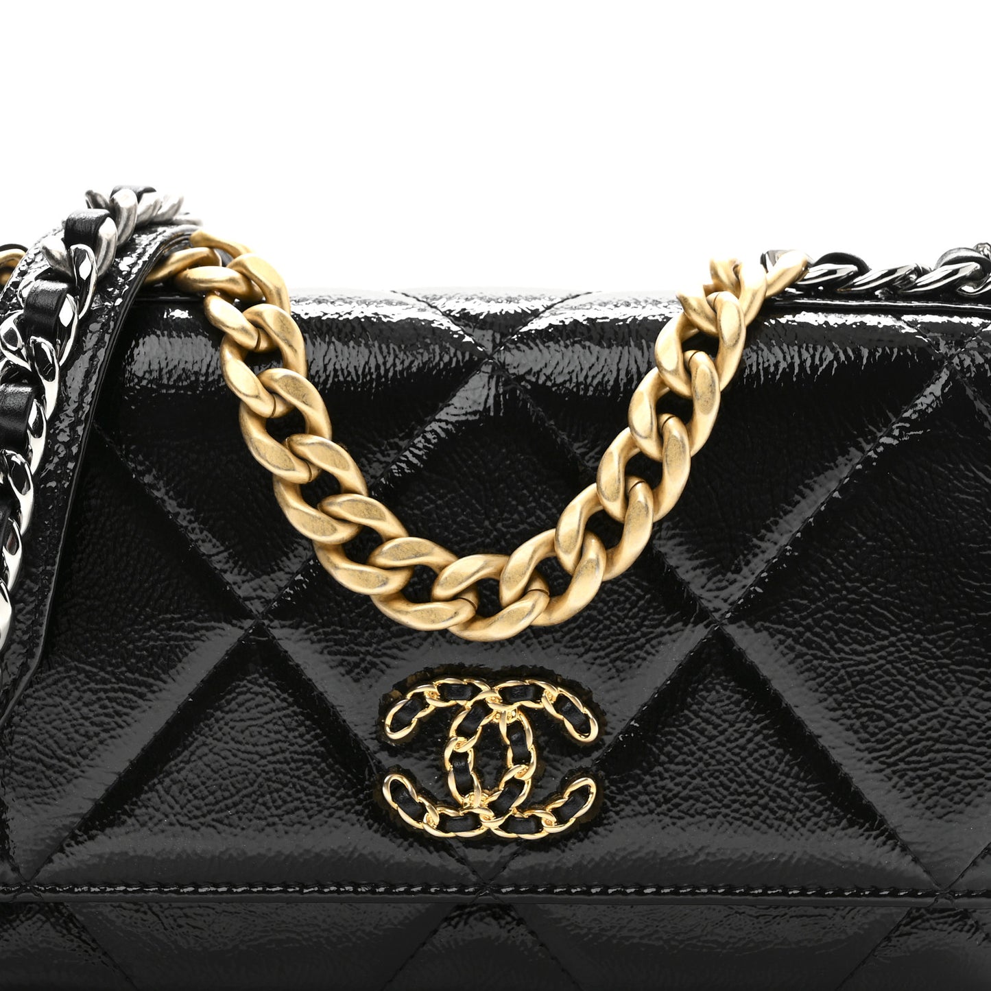 Shiny Crumpled Calfskin Quilted Chanel 19 Wallet On Chain WOC Black