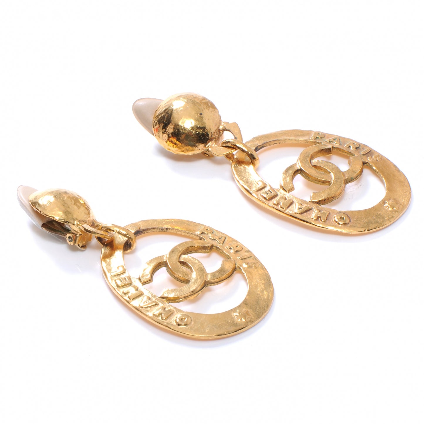 CC Oval Dangle Clip On Earrings Gold