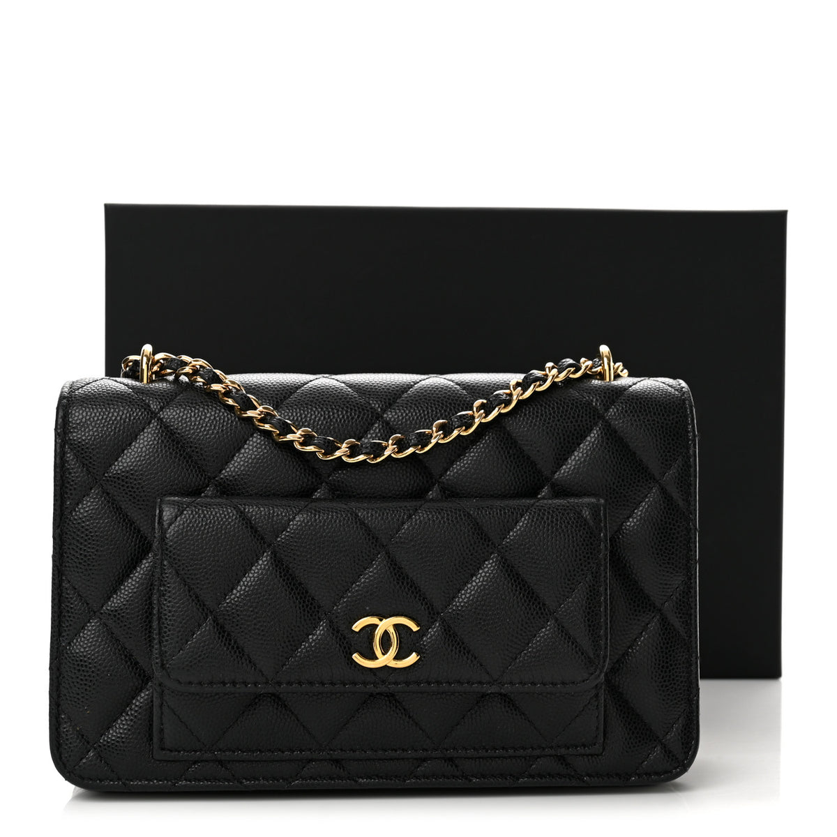 Caviar Quilted Pocket Clutch With Chain WOC Black