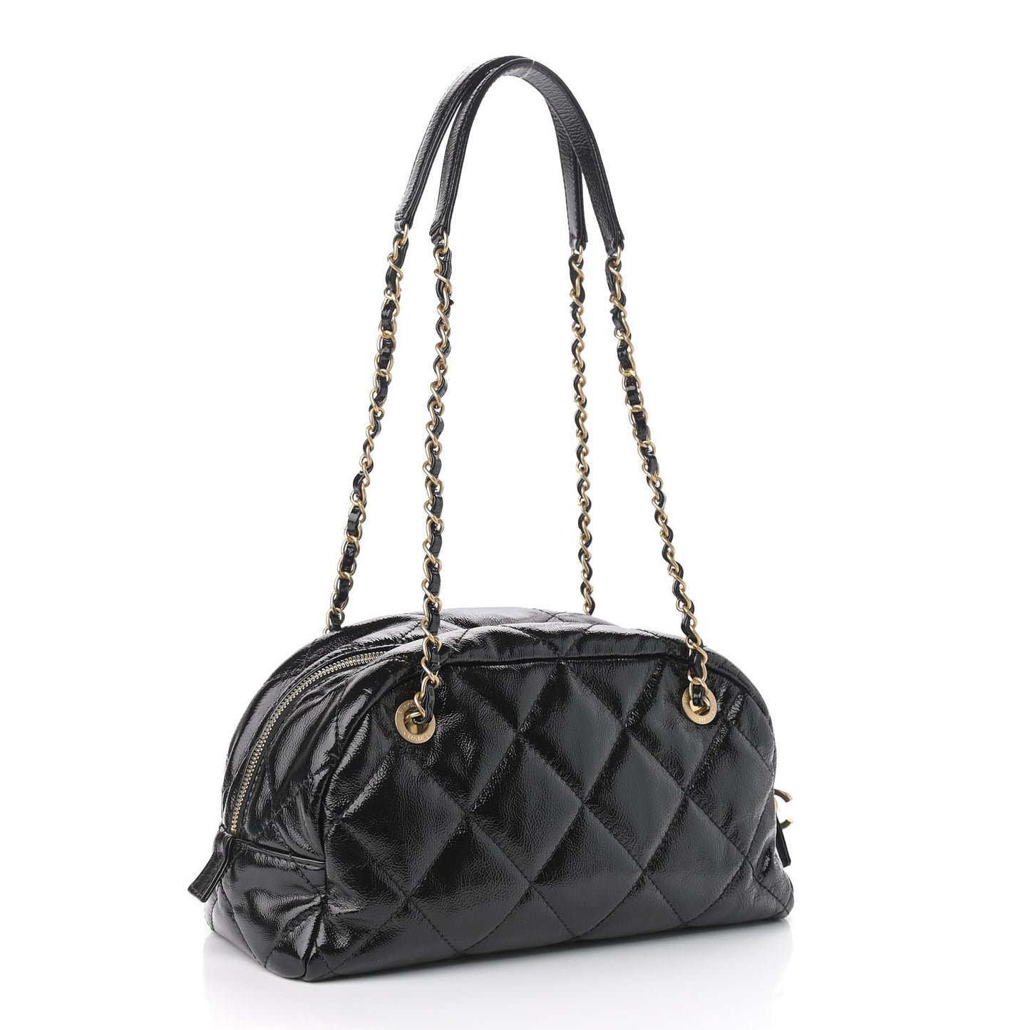 Shiny Aged Calfskin Quilted Bowler Bag Black