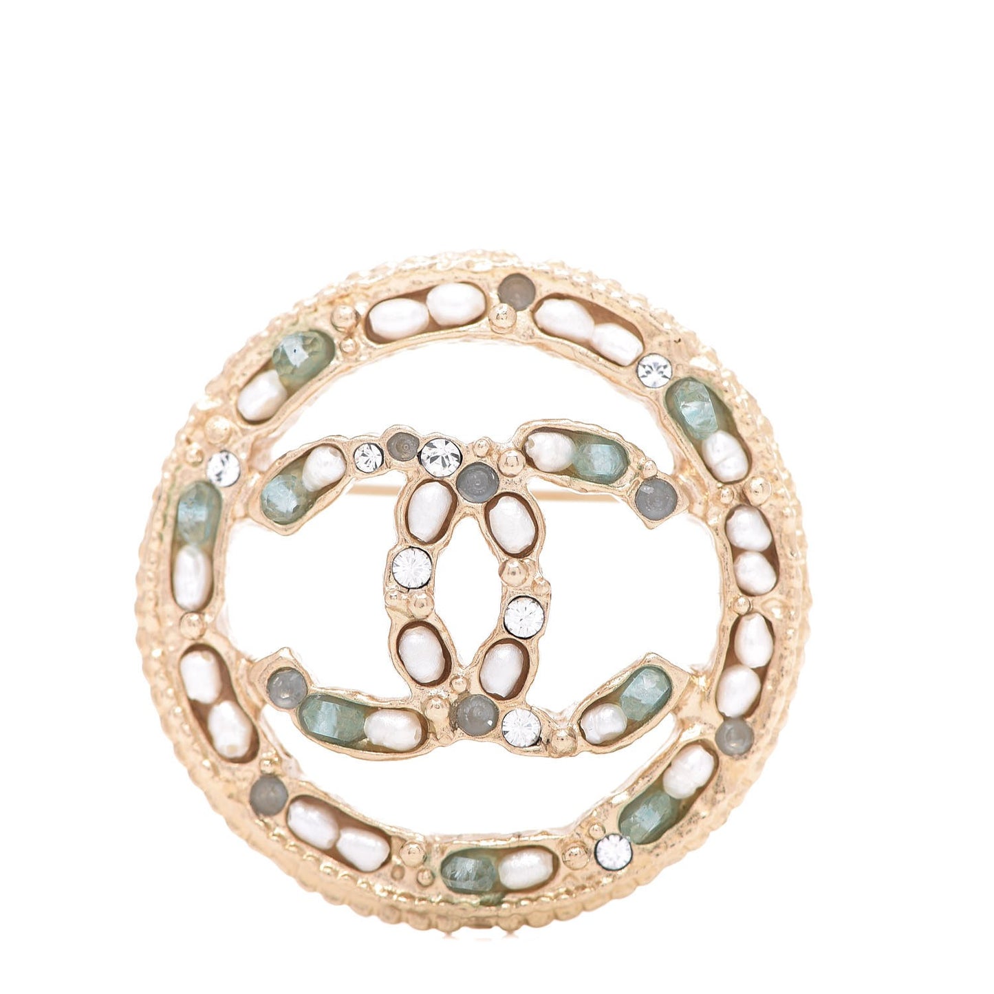 Crystal Pearls CC Brooch Light Gold Blue