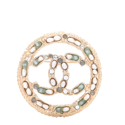 Chanel Crystal Pearls CC Brooch Light Gold Blue 1 of 5