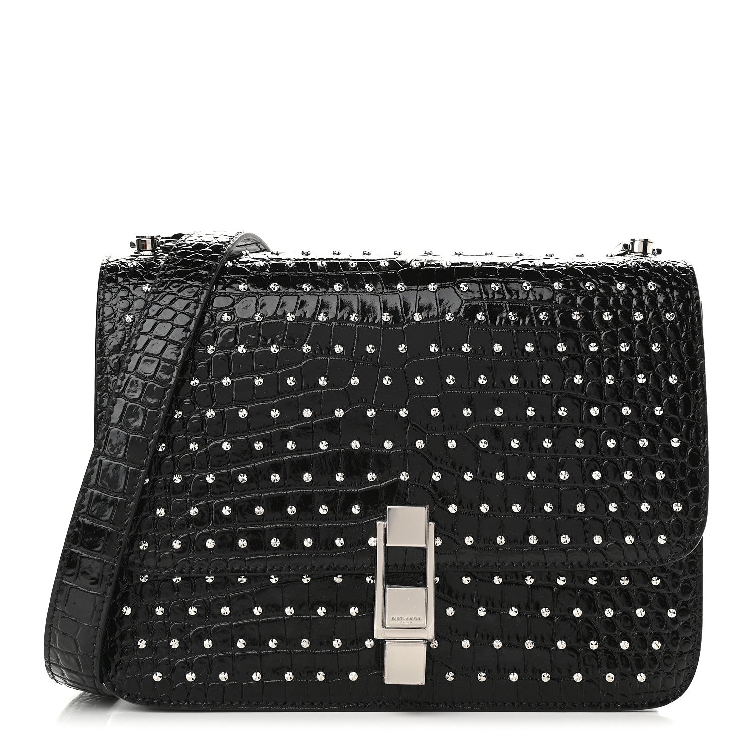 Saint Laurent Crocodile Embossed Calfskin Crystal Embellished Carre Satchel Black 1 of 16