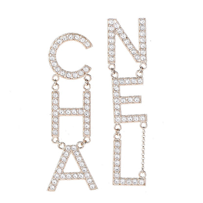 Chanel Crystal Cha-Nel Logo Drop Earrings Gold 1 of 5