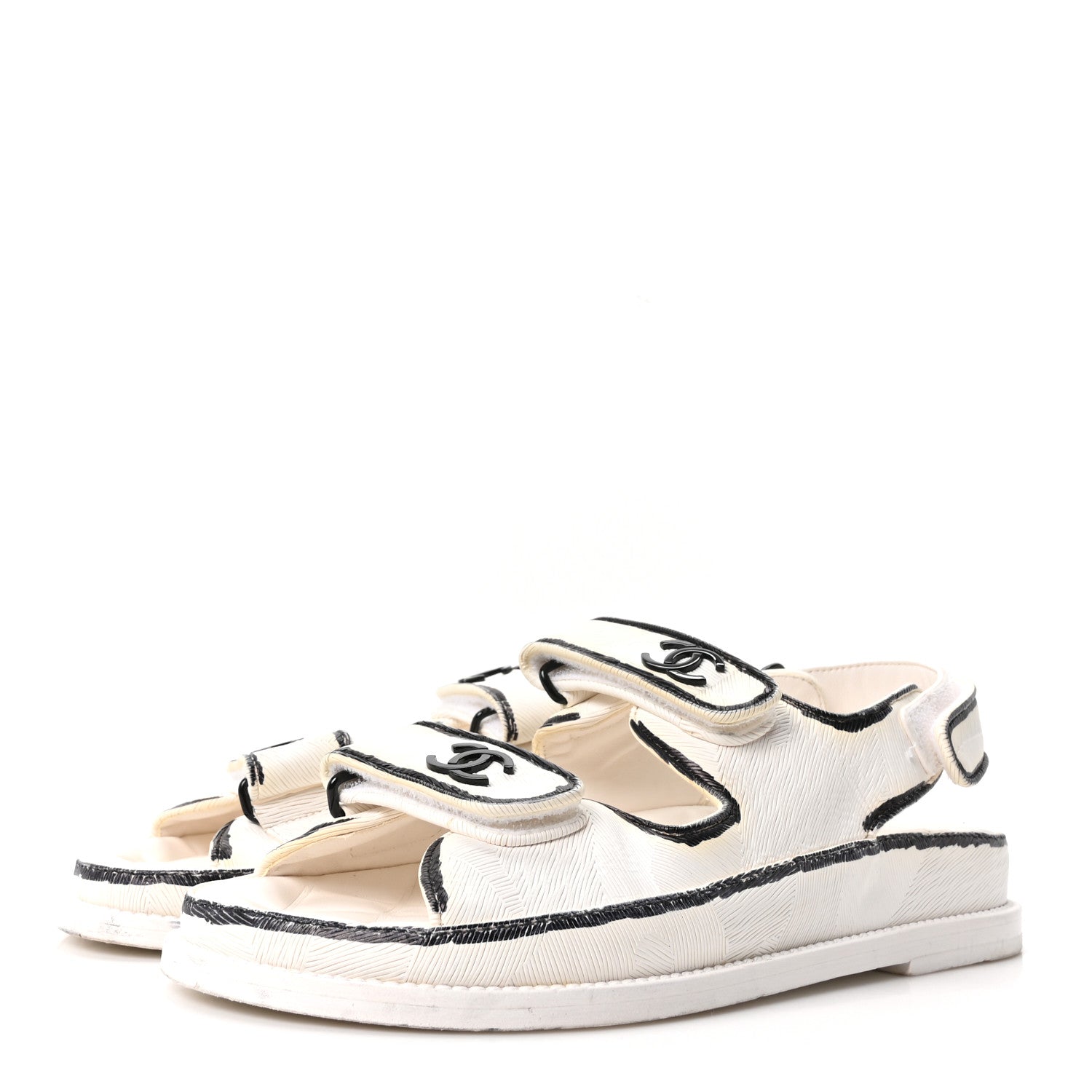 Chanel Calfskin Printed Velcro Dad Sandals 37 White Black 4 of 9