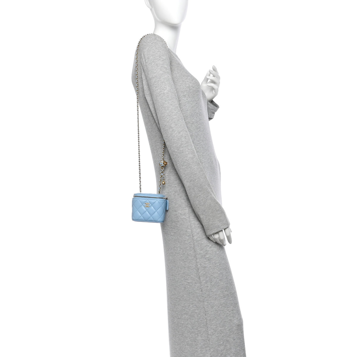 Lambskin Quilted Pearl Crush Mini Vanity Case With Chain Light Blue